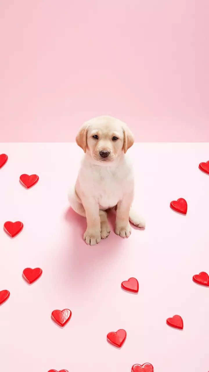一隻黃色拉布拉多幼犬在粉紅色背景上被紅色心形包圍。