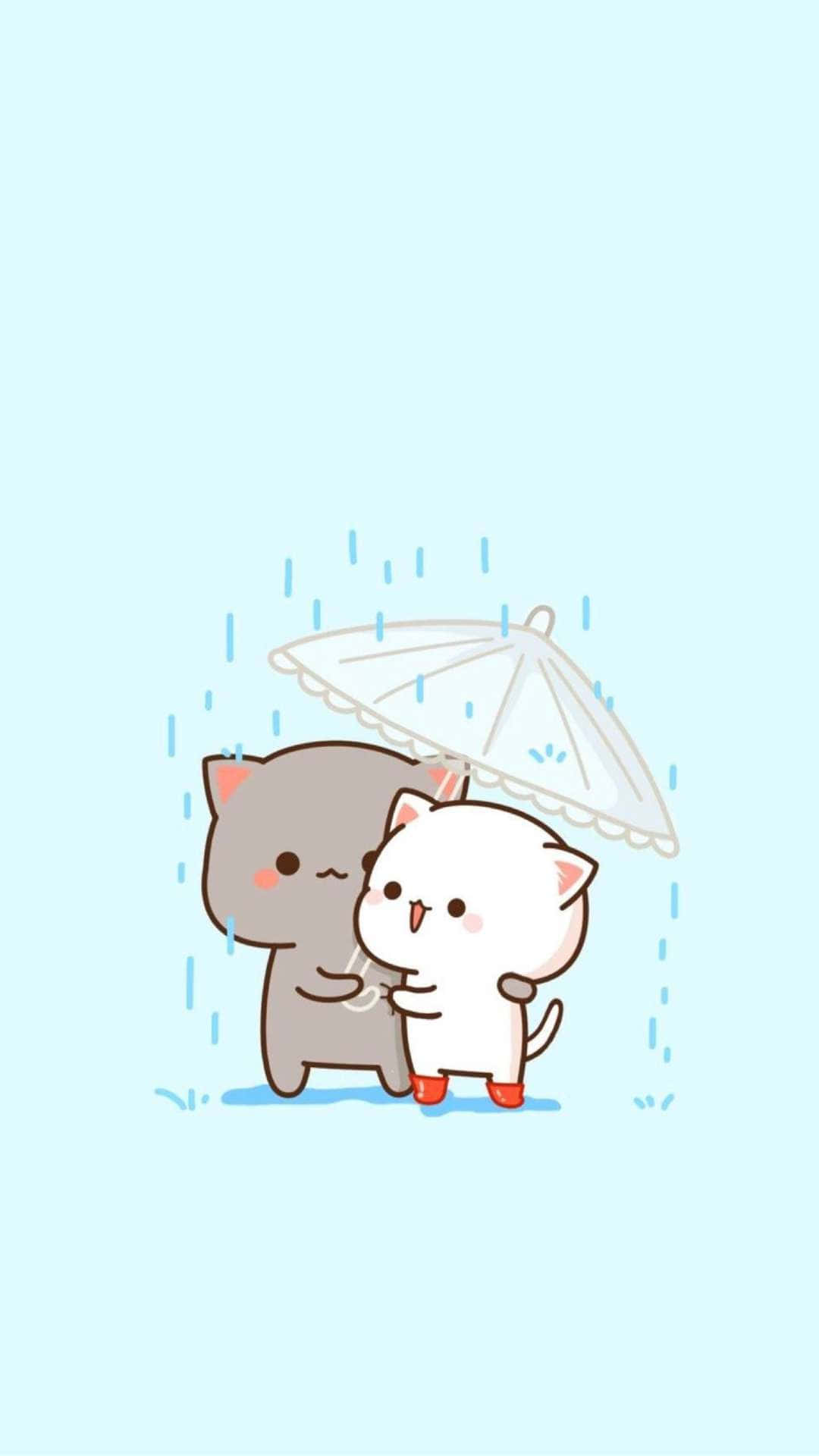 兩隻卡通貓喺雨中擠喺雨傘下。