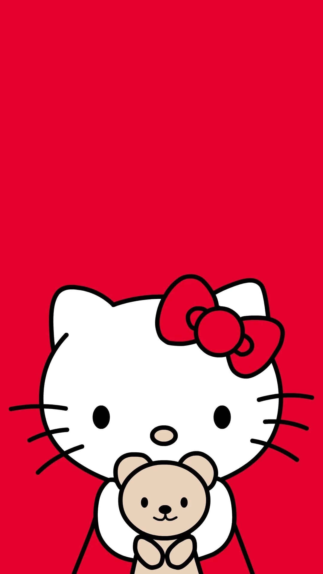 Hello Kitty 喺紅色背景上抱住一隻泰迪熊。