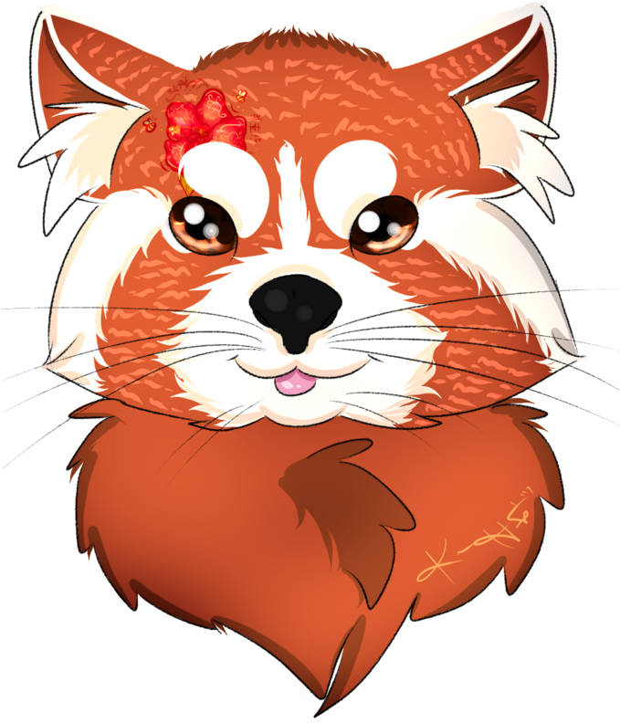 可愛紅色小熊猫插畫 壁紙 — 一隻可愛的卡通小熊貓，頭上戴著一朵紅花，在黑色背景上微笑。
