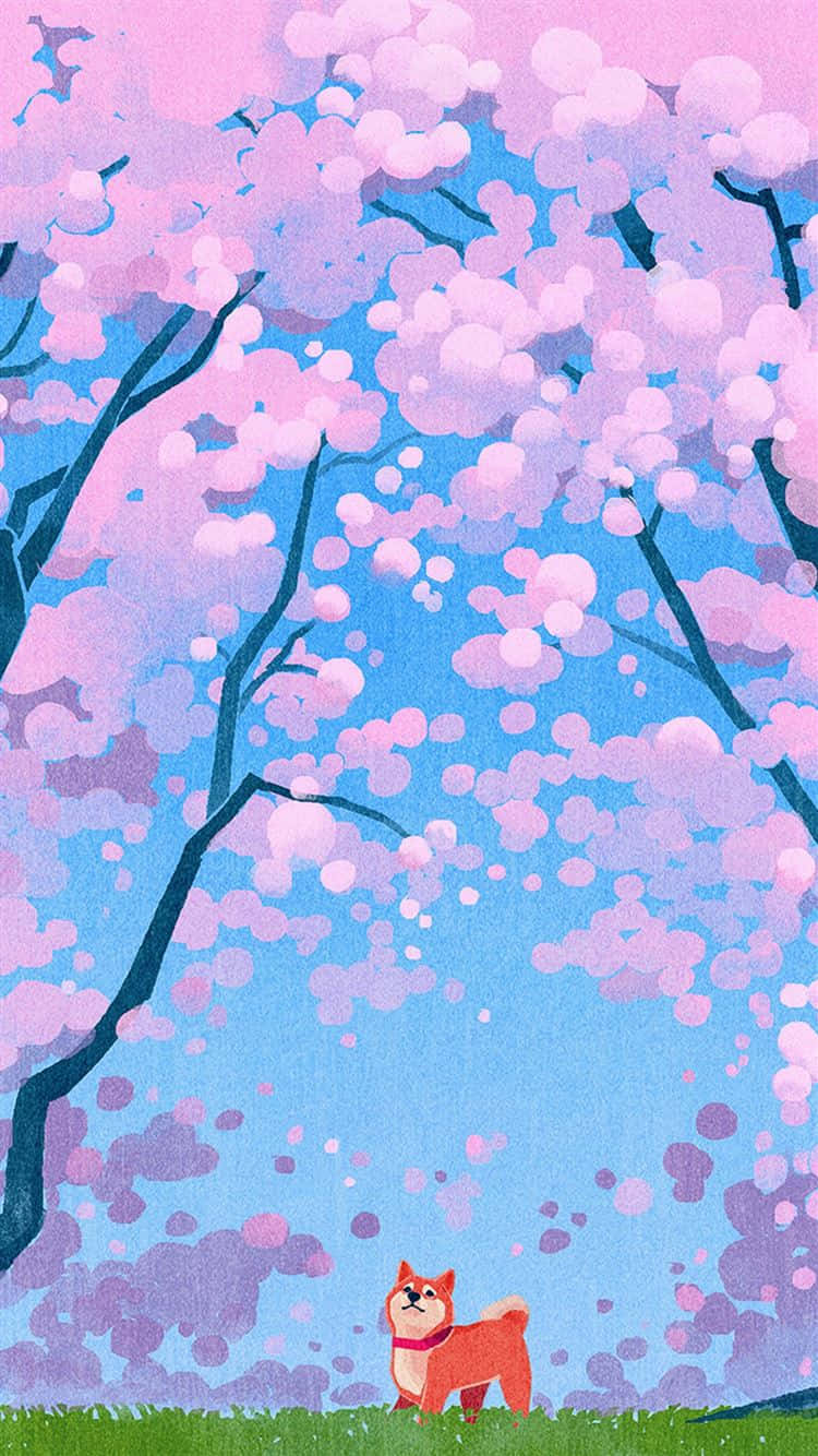 春天盛開的櫻花樹下的一隻小橙色狗。