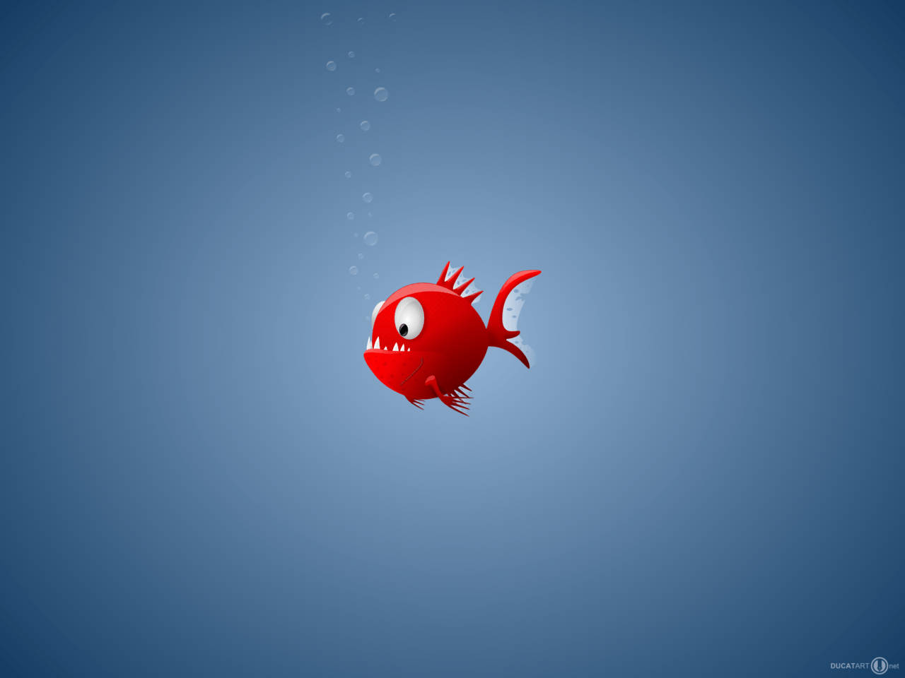 一條紅色卡通魚，有鋒利的牙齒和氣泡，在藍色水中漂浮。