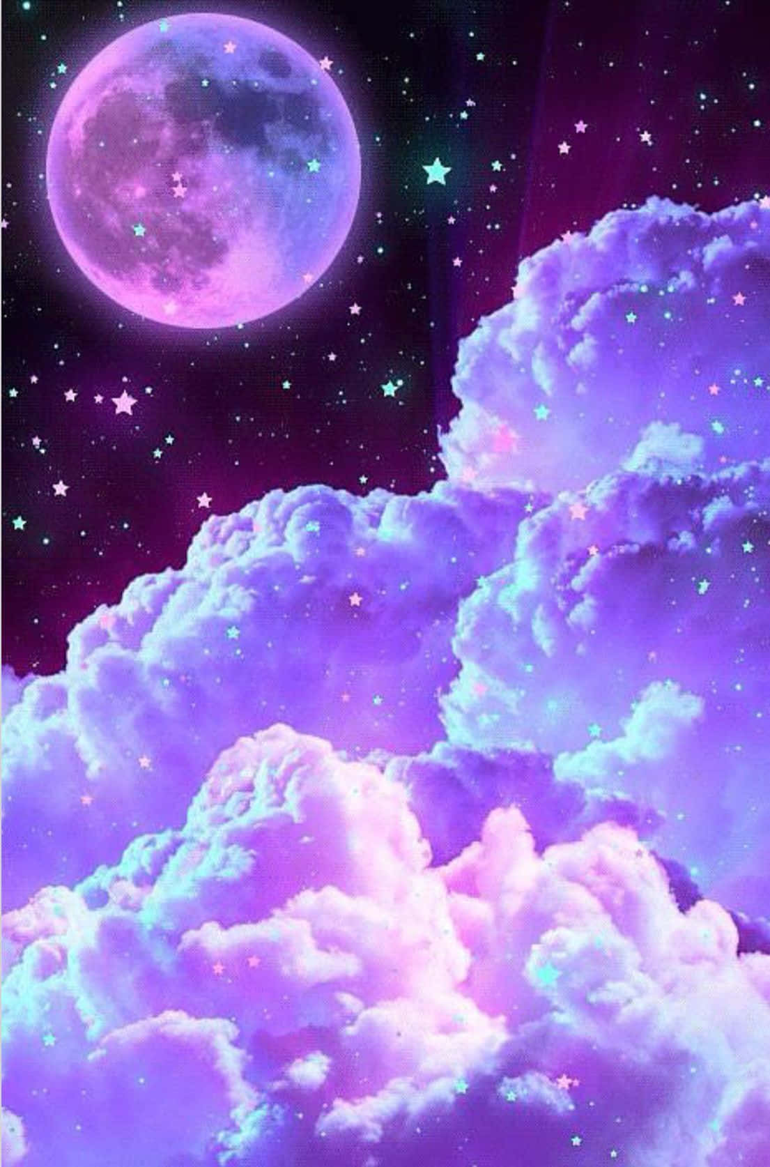 可愛紫色 Pastel 星空 壁紙 — 夢幻的紫色和粉紅色月光天空，充滿發光的星星和蓬鬆的雲彩。