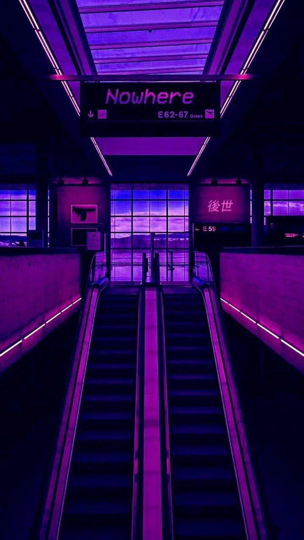 未來主義機場客運大樓中的紫色霓虹燈自動扶梯，帶有「Nowhere」標誌。