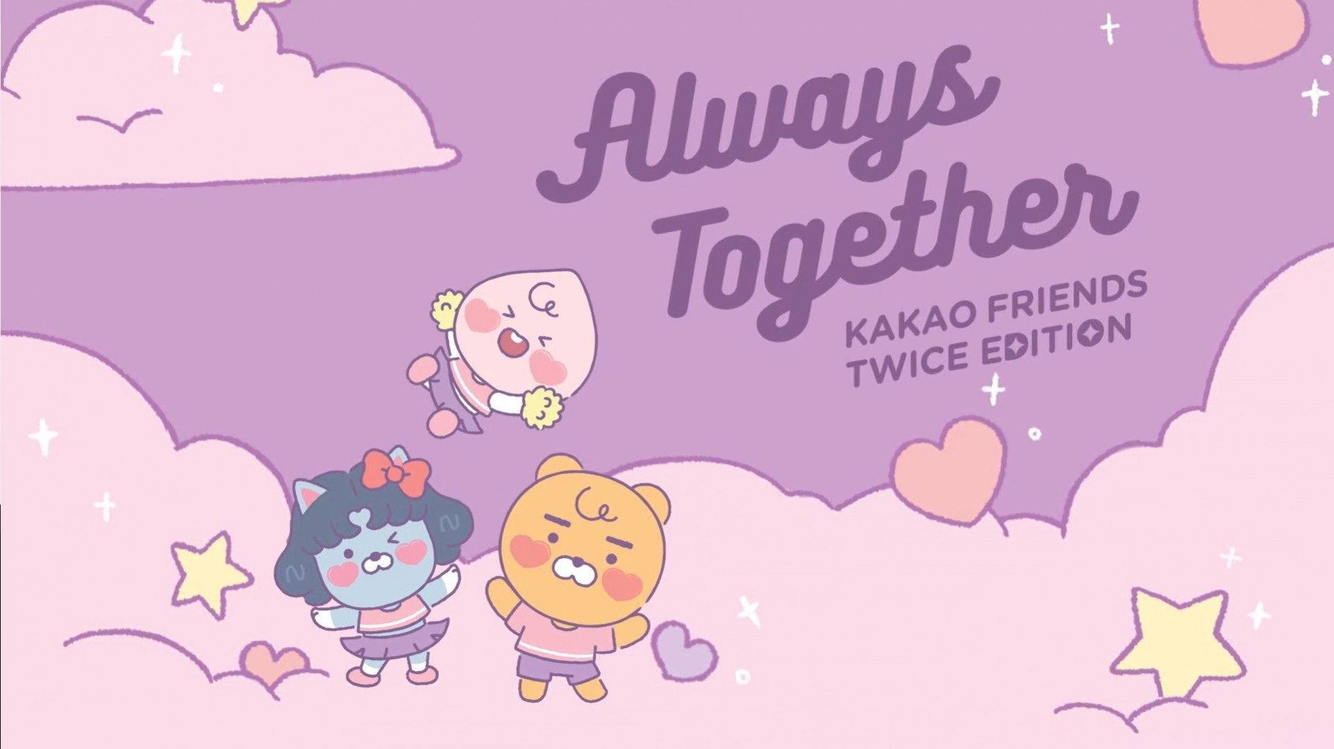 三個 Kakao Friends 角色漂浮在雲朵和星星之間，帶有「Always Together」文字。