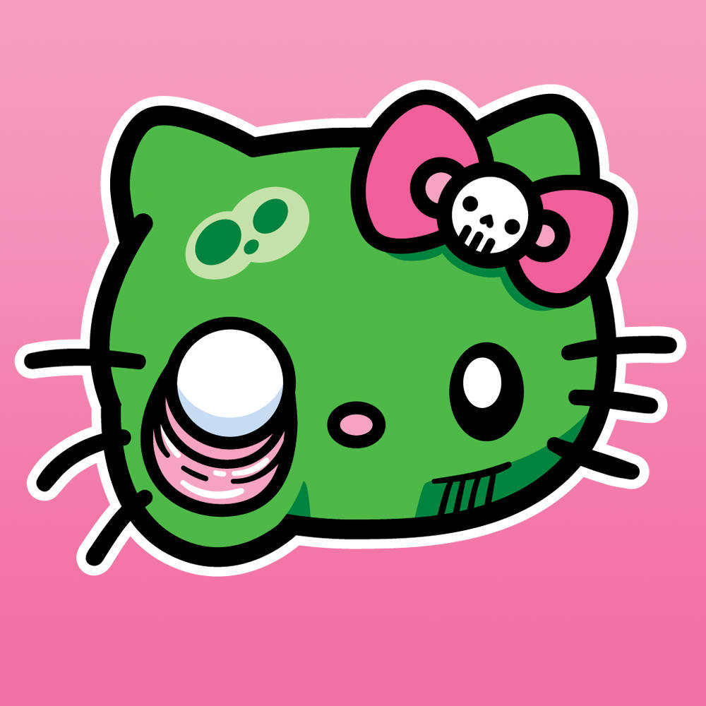 可愛綠色Hello Kitty萬聖節 壁紙 — 一隻綠色卡通貓，戴著骷髏頭蝴蝶結，嘴巴縫合，背景為粉紅色。