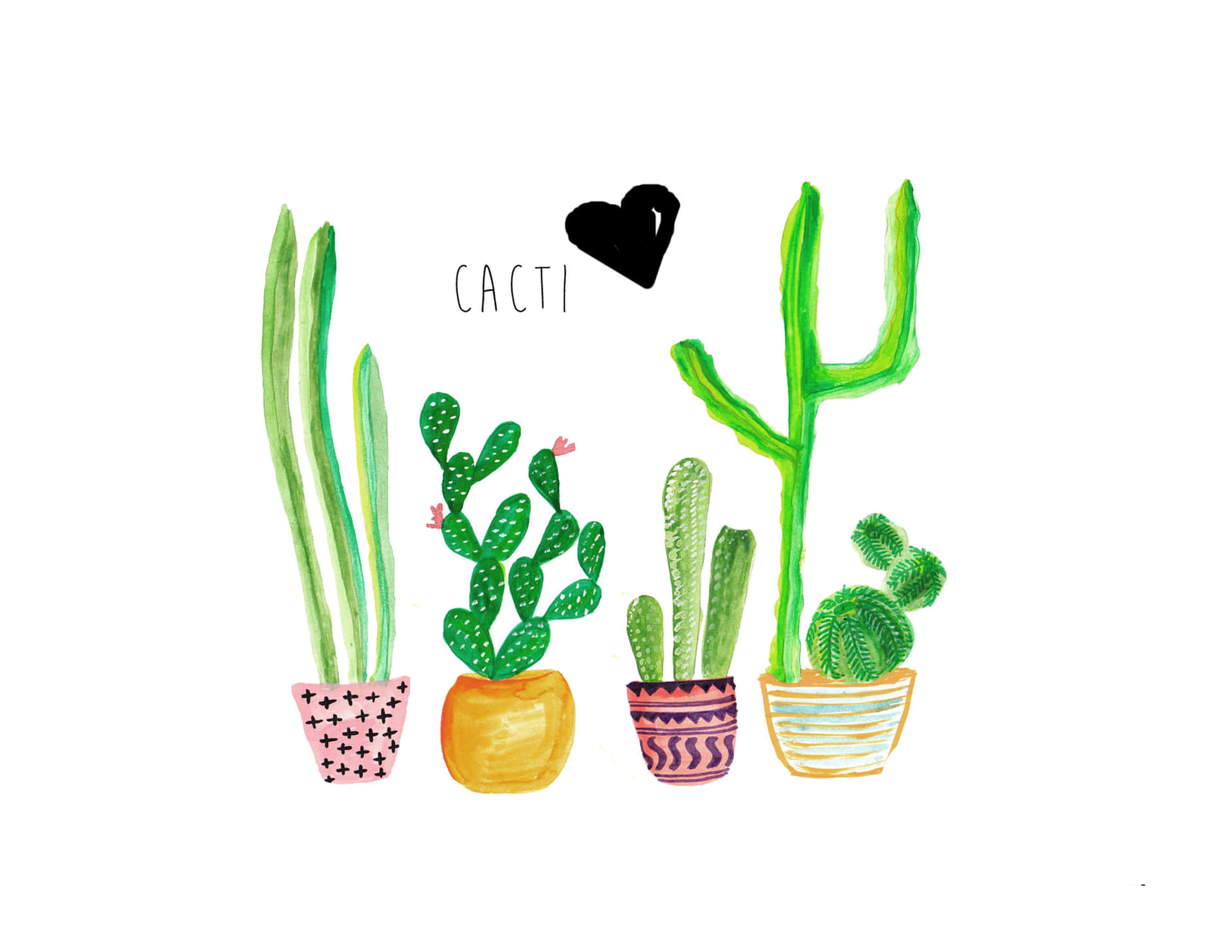 五盆盆栽仙人掌插圖，帶有彩色圖案花盆，以及「cacti」字樣上方有一個黑色心形。