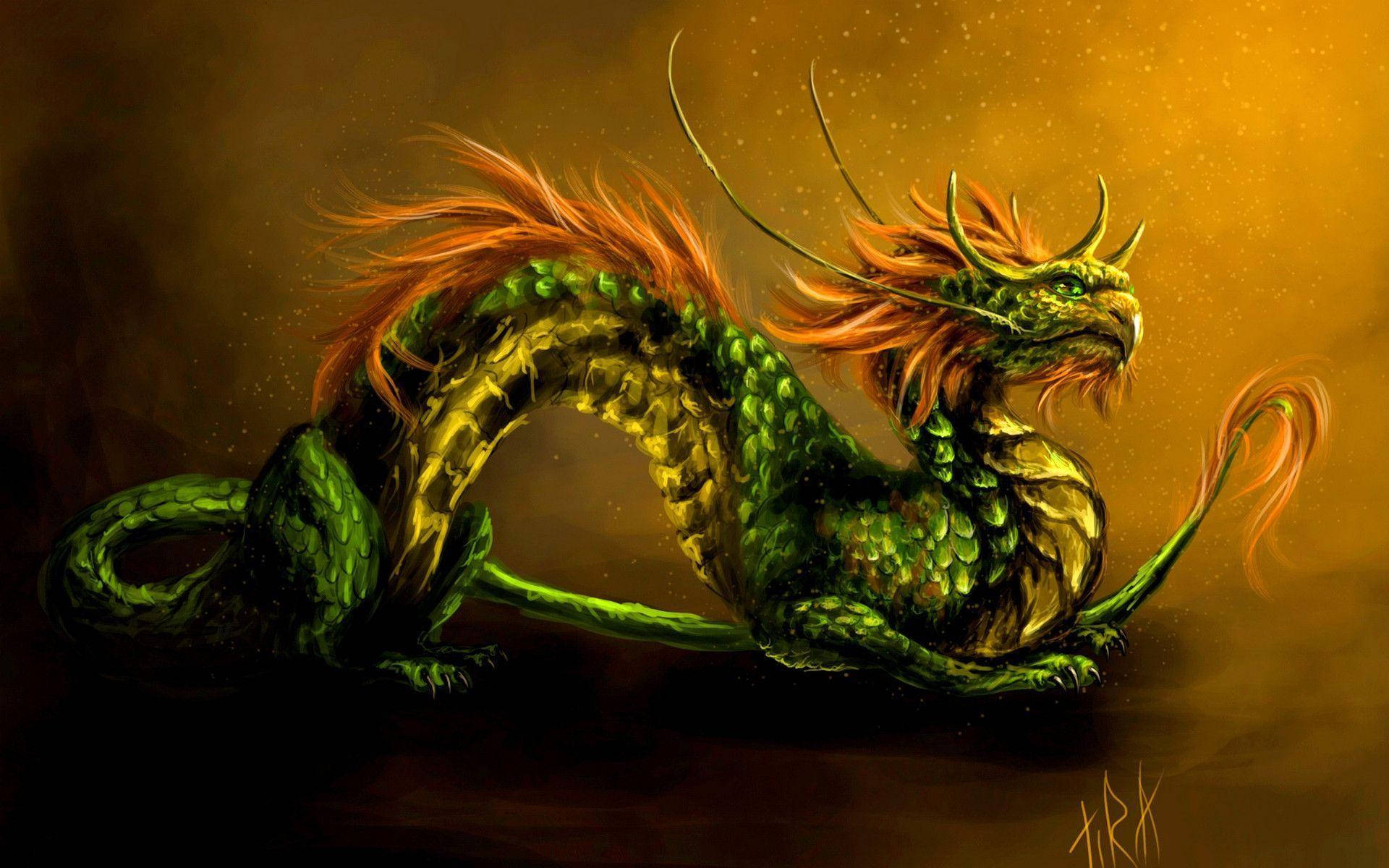 可愛綠色地龍與髮絲 壁紙 — 一隻雄偉的綠色龍，擁有火紅橙色的鬃毛和尾巴，在溫暖的金色背景下閃耀。