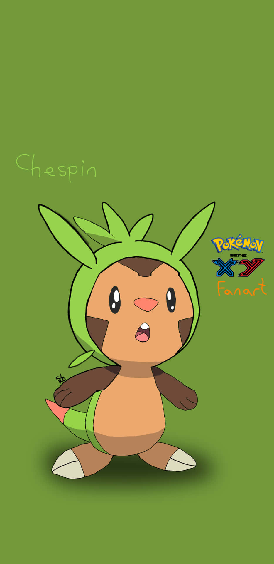 Chespin寵物小精靈角色插圖，在綠色背景上露出驚訝的表情。