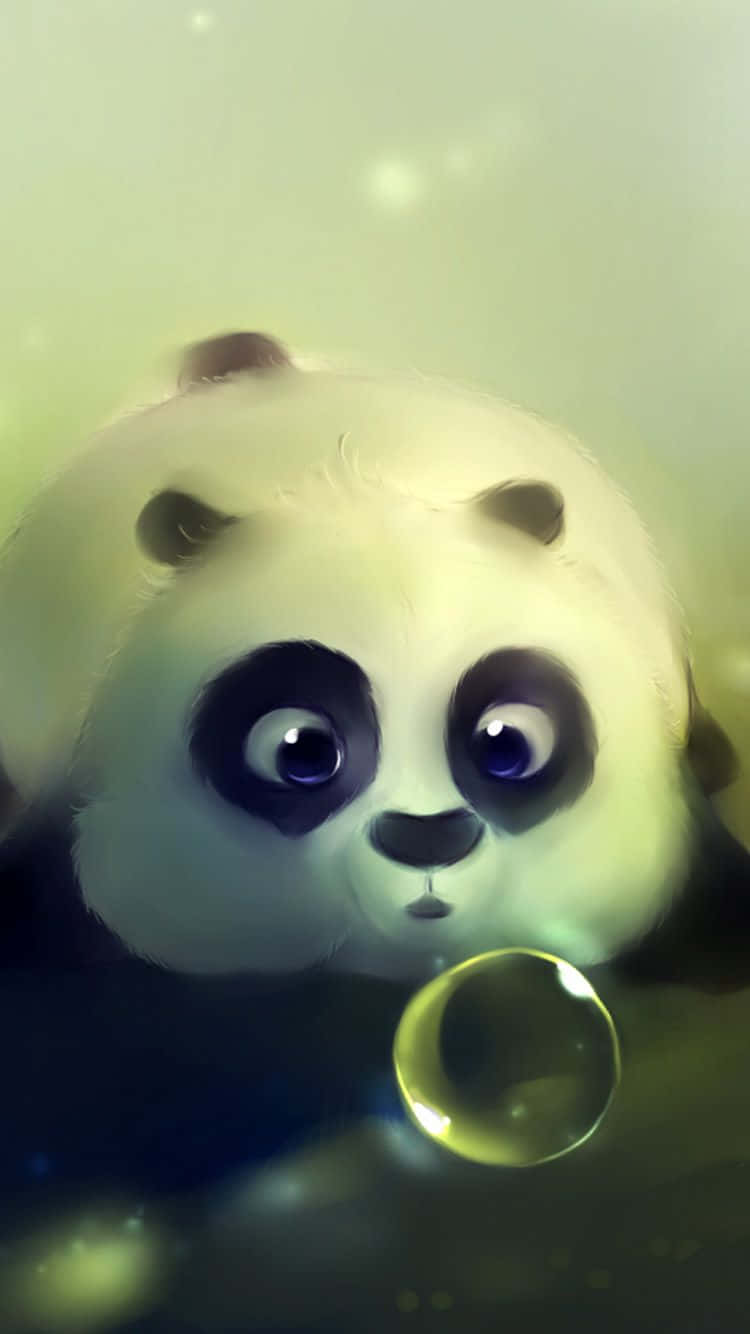一隻卡通熊貓，大眼睛看著一個發光泡泡。