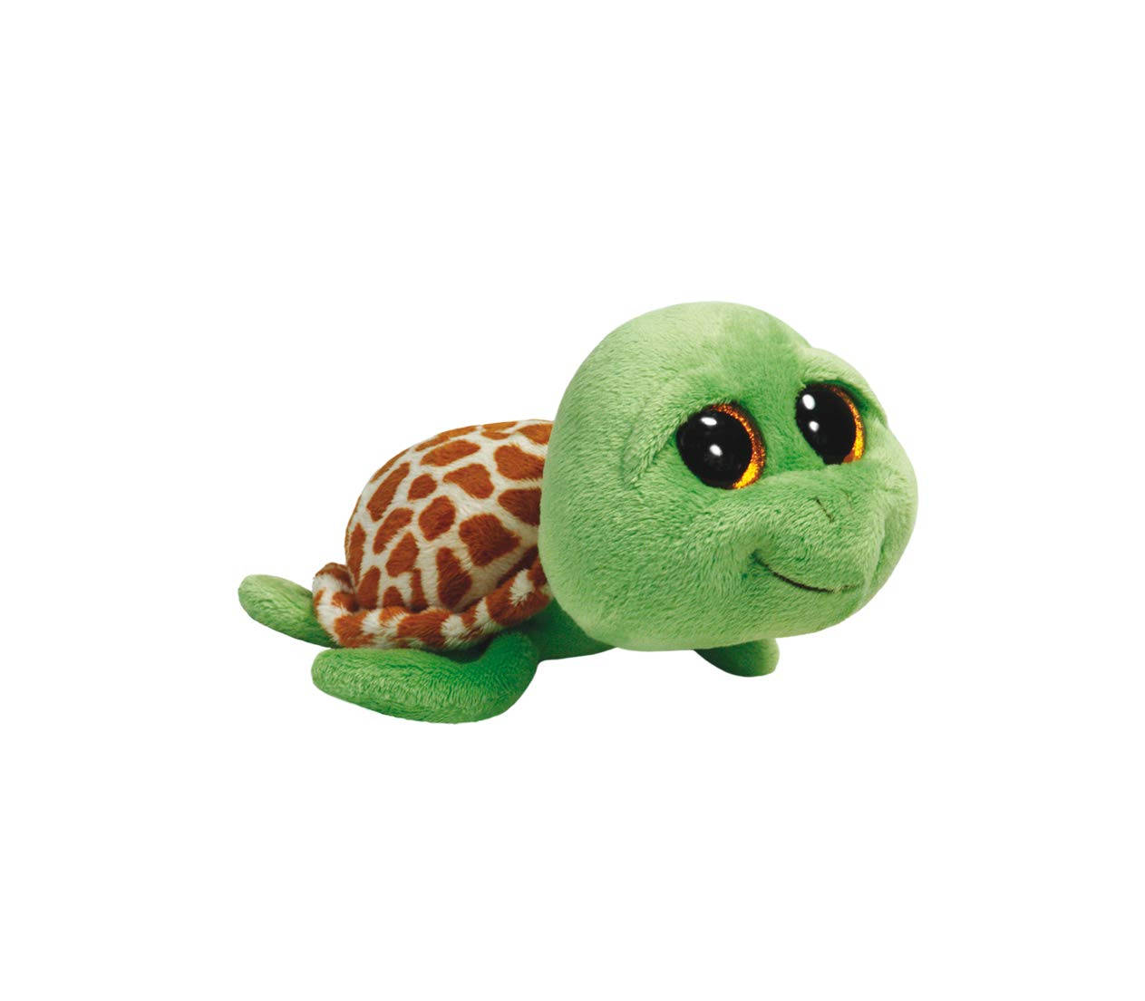 可愛綠色烏龜Beanie Boos 壁紙 — 一隻可愛的綠色毛絨烏龜，帶有長頸鹿圖案的殼和大大的閃亮眼睛，在白色背景上微笑。