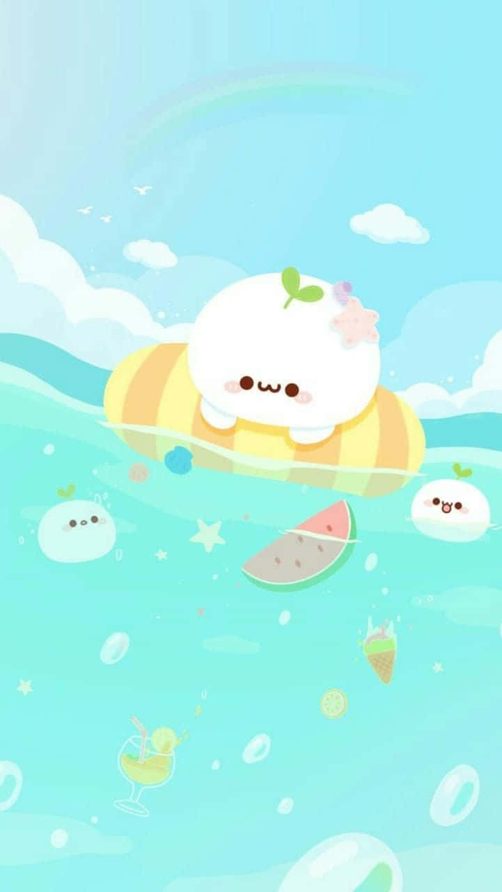 可愛卡通角色在水中漂浮，伴有雪糕和西瓜。