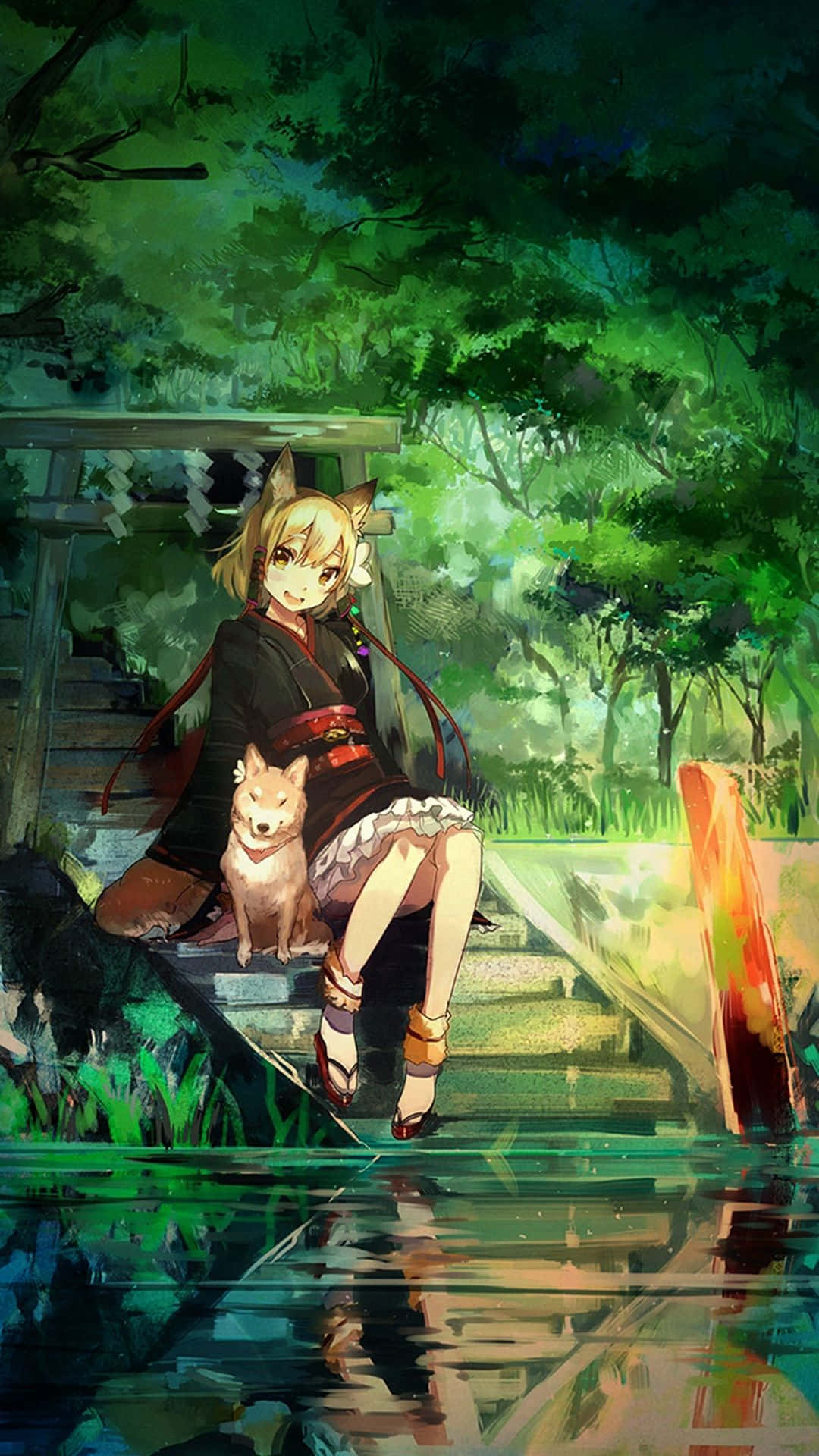 有狐狸耳朵的動漫女孩和一隻狐狸幼崽在日落時分坐在森林池塘邊。