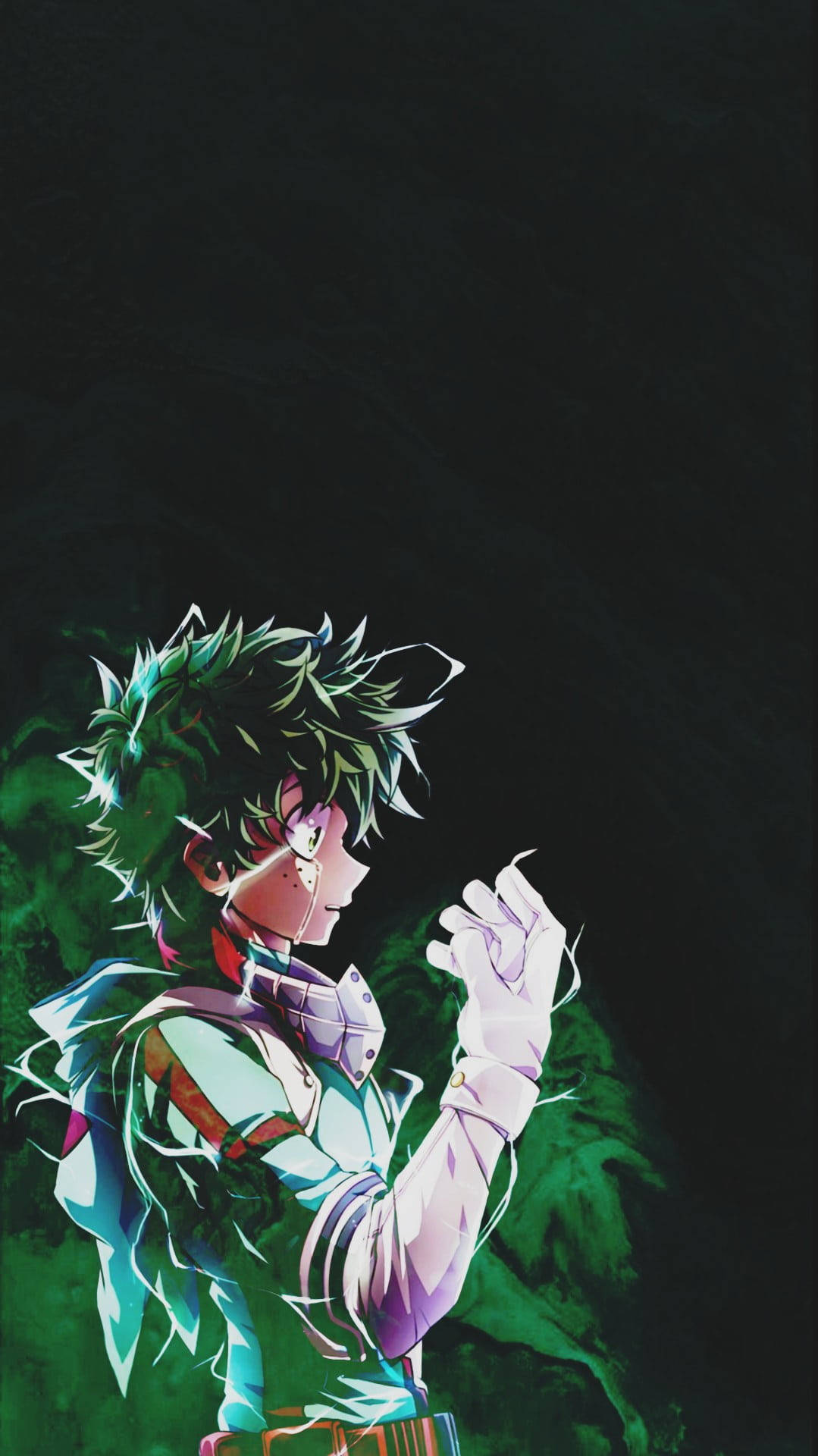 動漫角色，綠色頭髮，發光的眼睛，在黑暗背景下舉起拳頭。