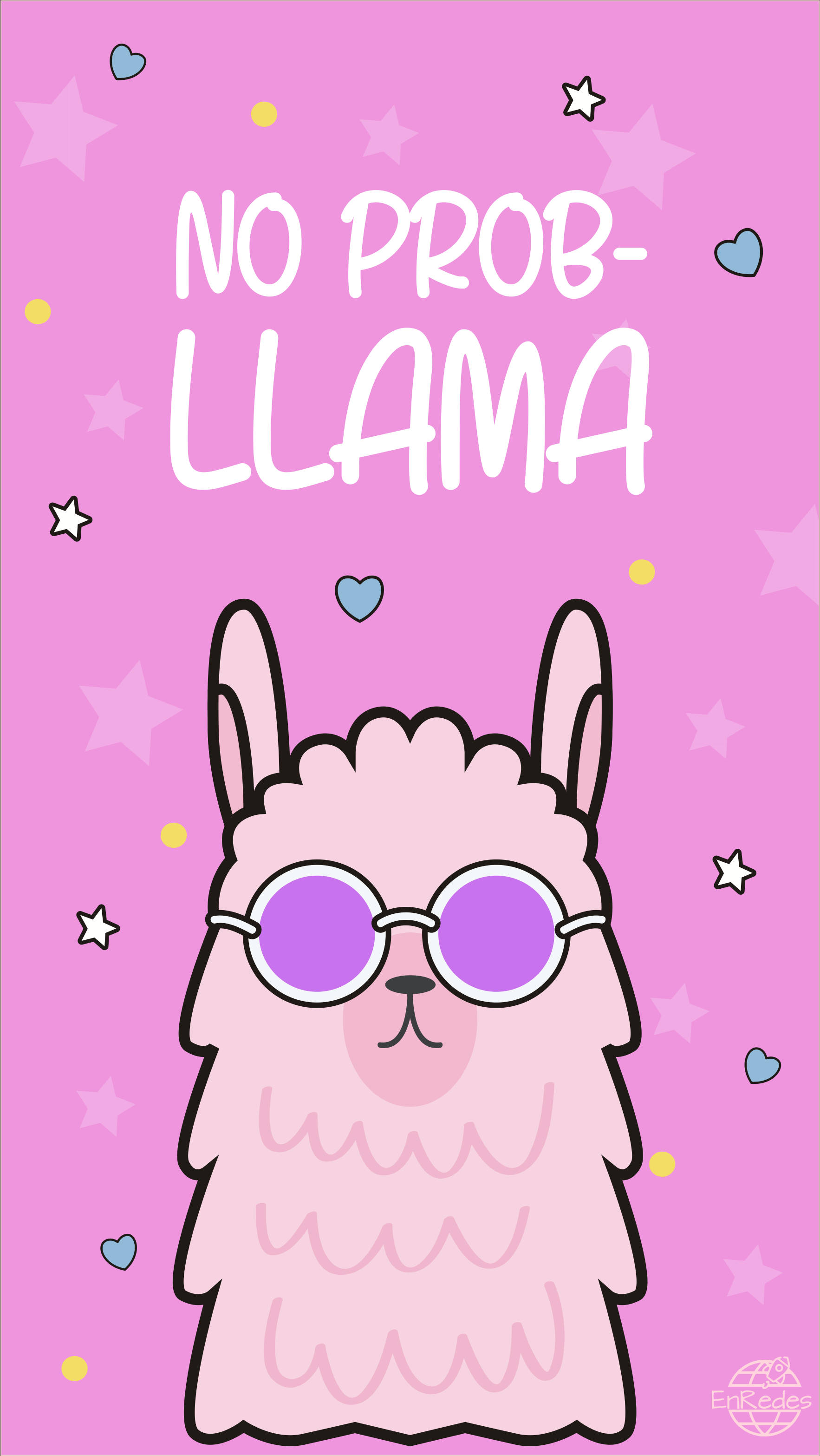 可愛羊駝展現悠閒態度，標語「No Prob-Llama」 壁紙 — 一隻可愛的粉紅色卡通羊駝戴著紫色太陽眼鏡，背景為粉紅色，帶有星星、心形和文字 no prob llama。