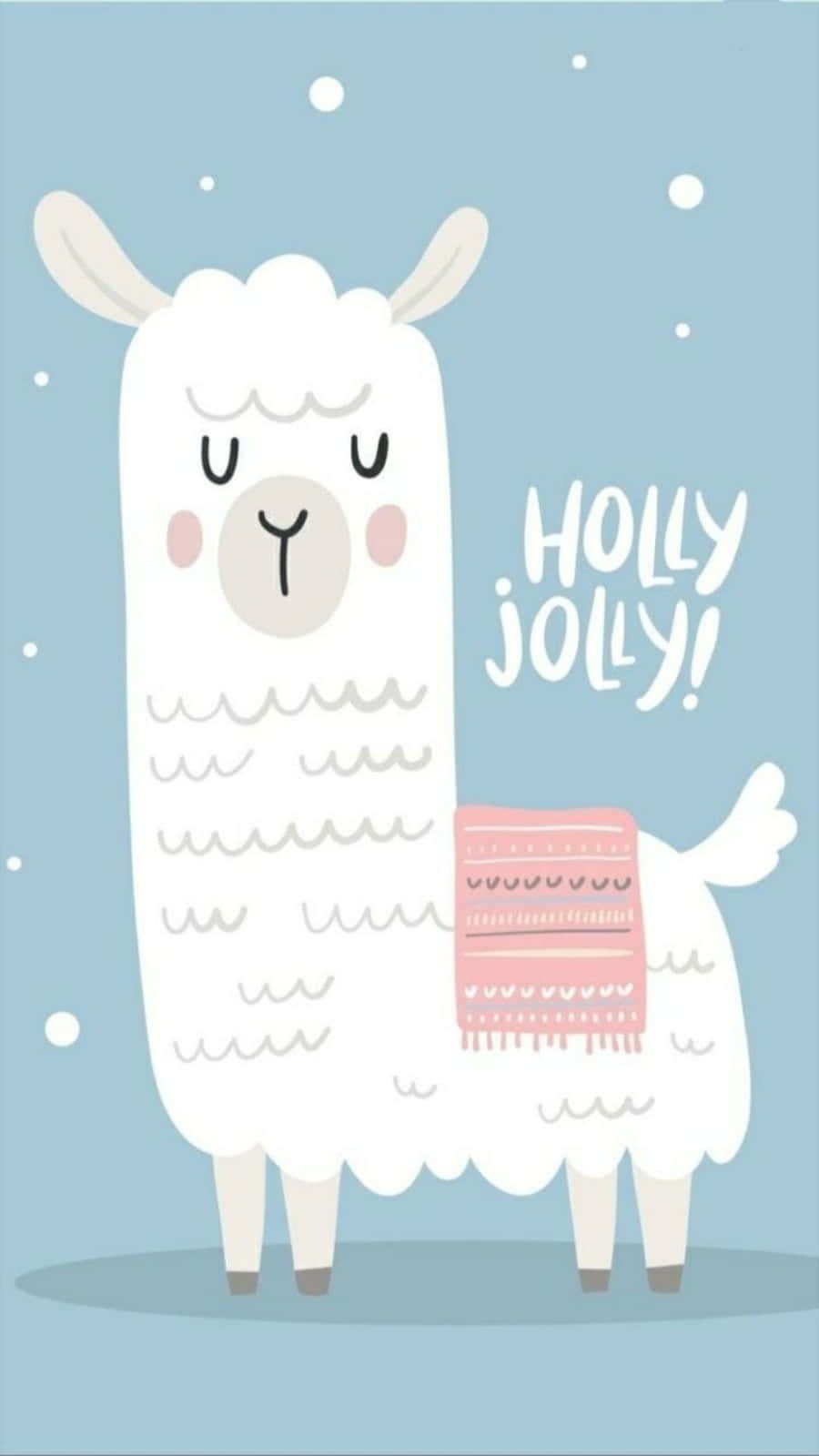 一隻戴著粉紅色圍巾的快樂卡通羊駝，在雪藍色背景上有「HOLLY JOLLY!」文字。