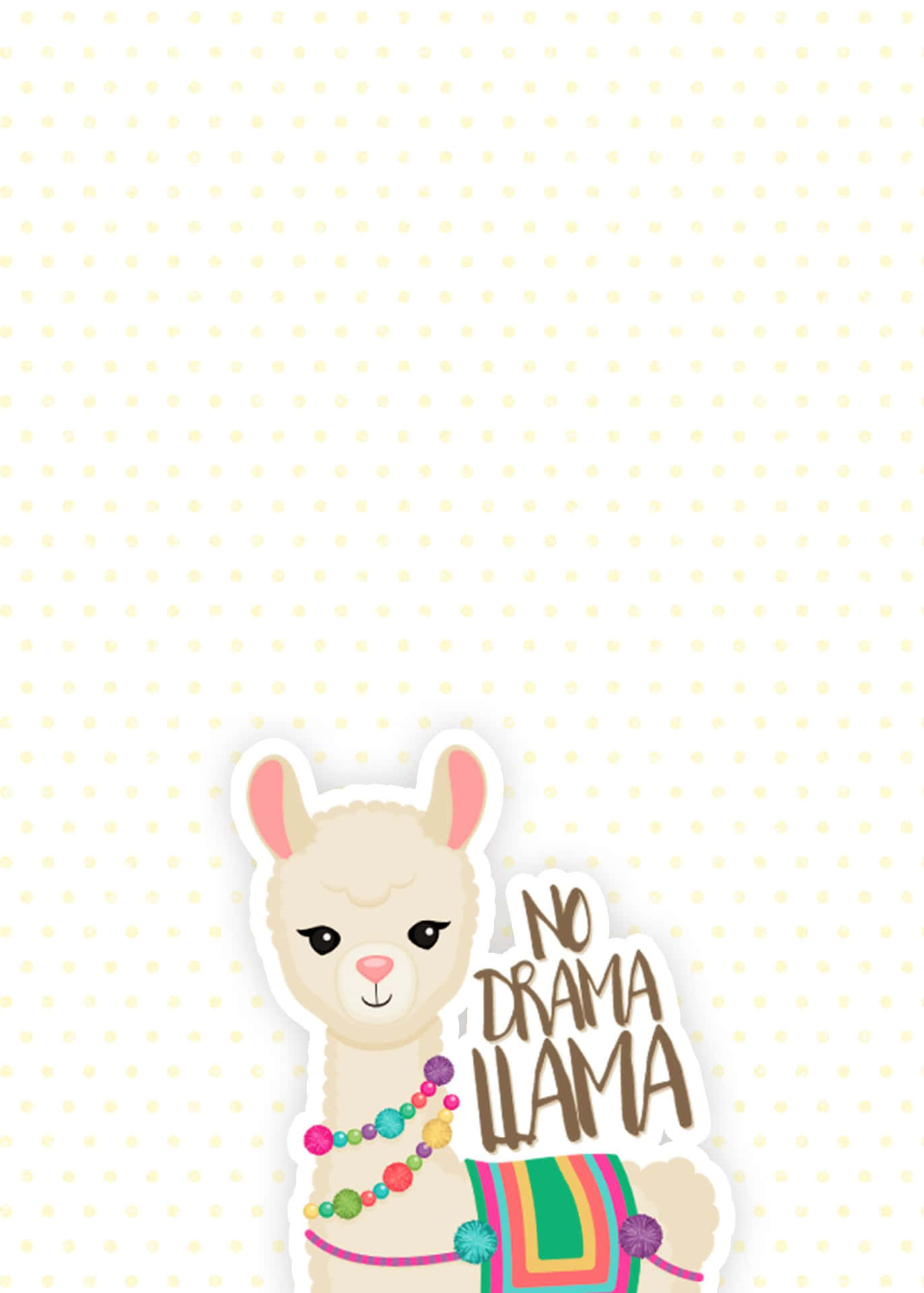 一隻戴著珠子和彩虹毯子的卡通羊駝在圓點背景上說「No Drama Llama」。