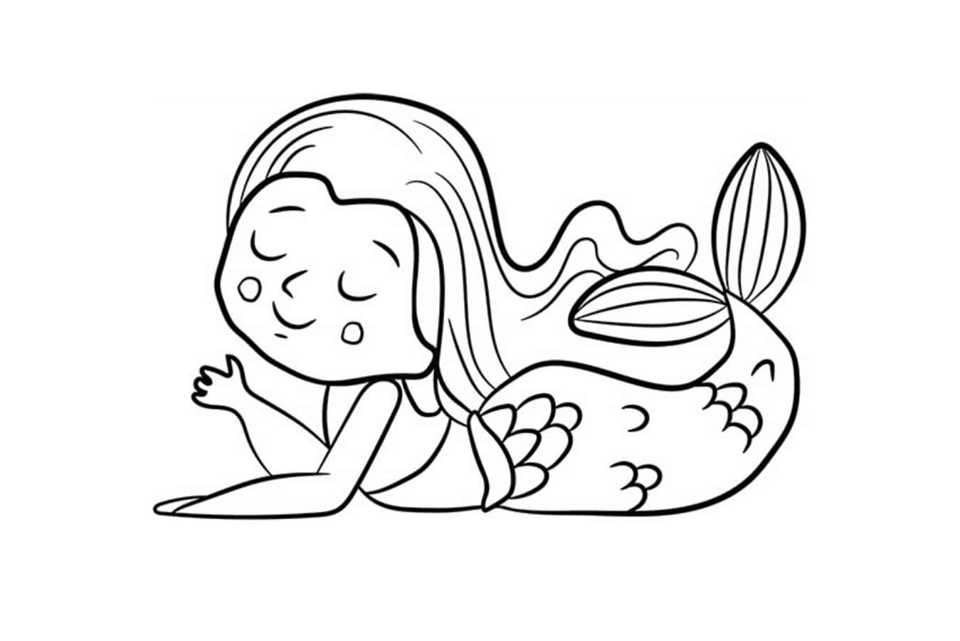 一位長髮且尾巴細節豐富的人魚在線條藝術風格中睡覺。