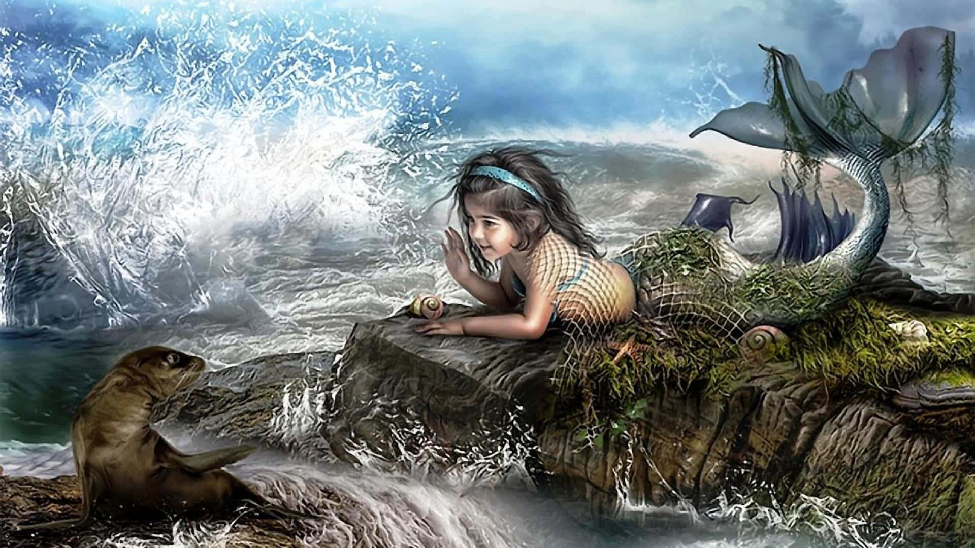 年輕美人魚，尾巴長滿苔蘚，在岩石海岸上與海豹互動，背景是拍打的波浪。