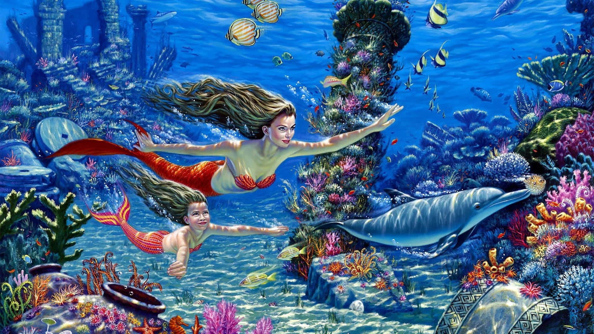 兩條美人魚與海豚一起在色彩繽紛的珊瑚和水下古老廢墟之間游泳。