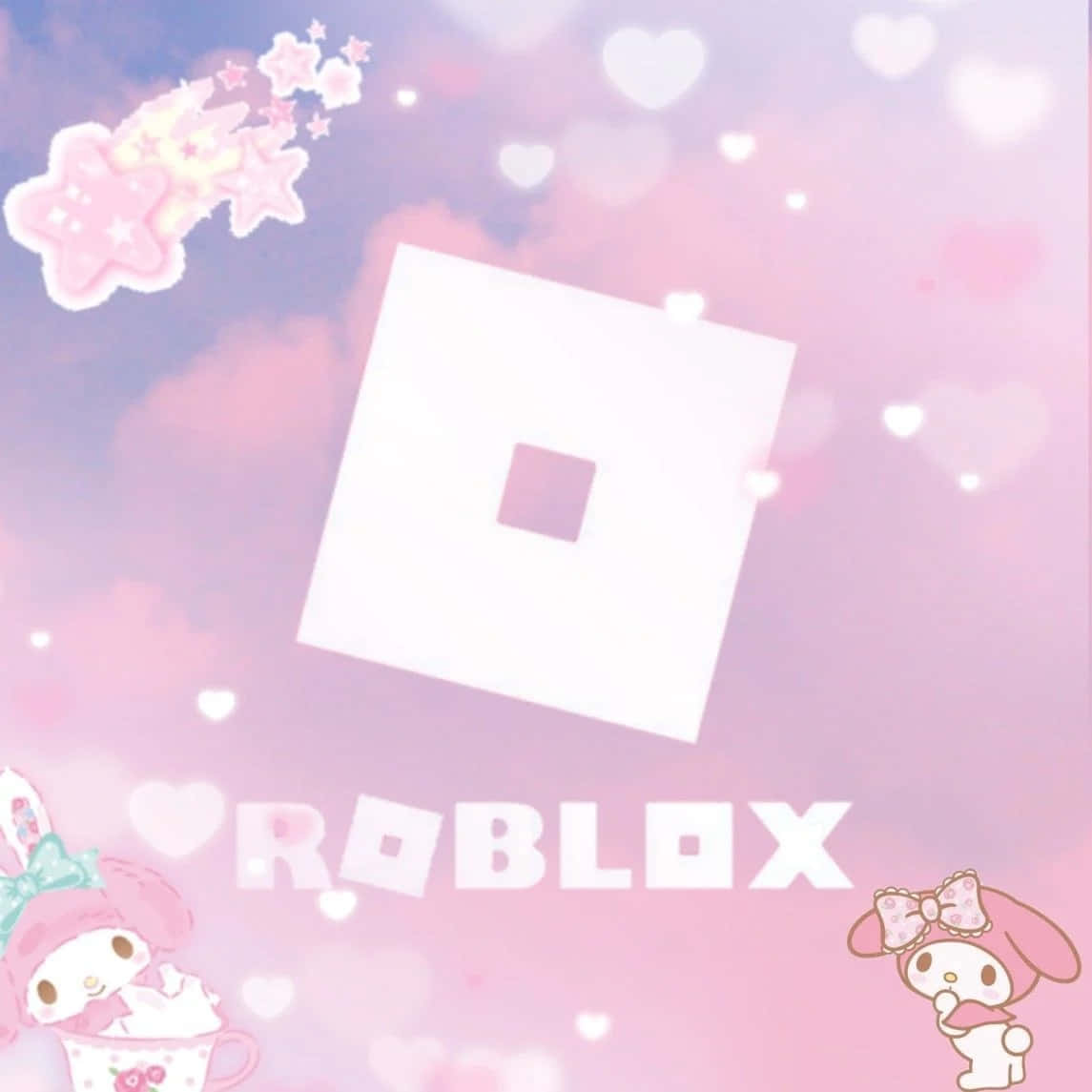 可愛美學 Roblox 標誌 壁紙 — 一個充滿心形和星星的粉紫粉紅天空，展示了 Roblox 標誌，兩旁有 My Melody 角色。