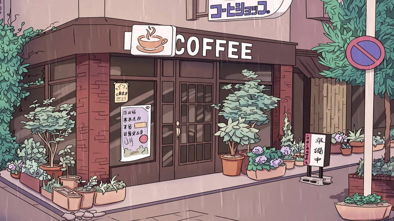 可愛美學咖啡館藝術 壁紙 — 一間舒適的咖啡店，有盆栽植物，雨水輕輕落在窗戶和人行道上。