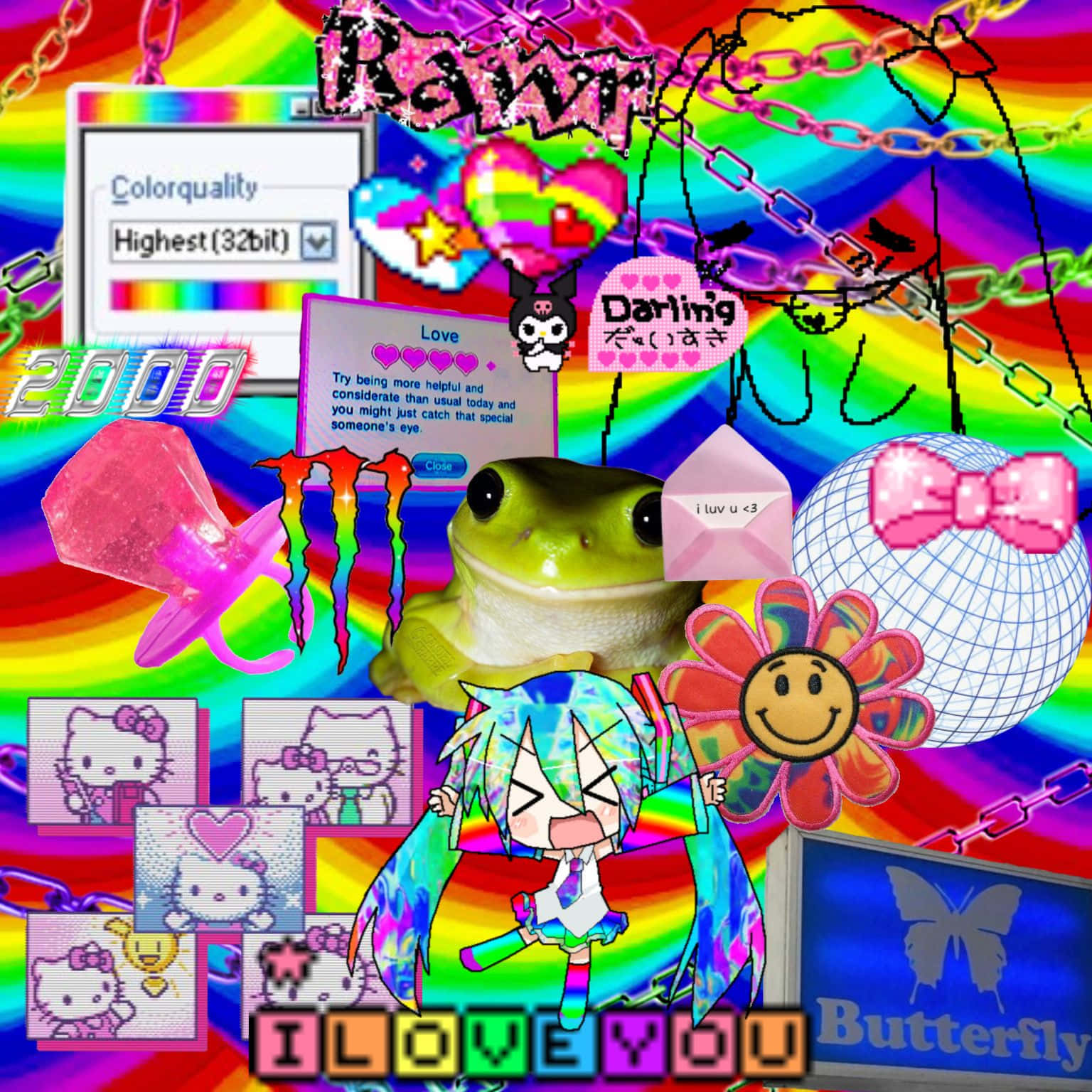一個色彩繽紛的數碼拼貼，包含動漫角色、Hello Kitty、青蛙和復古互聯網元素。