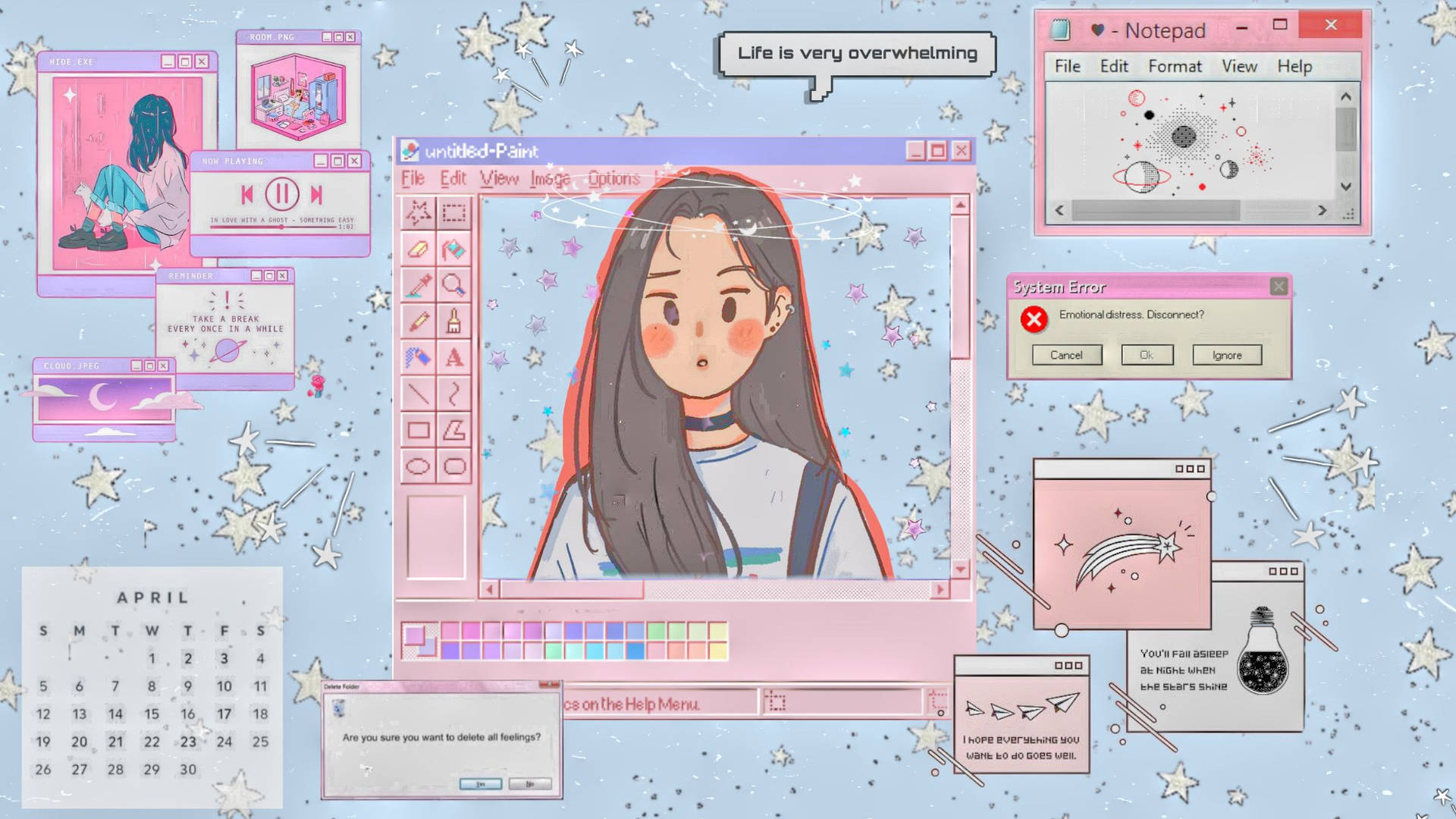 數位藝術程式中的女孩，被錯誤視窗和星星包圍。