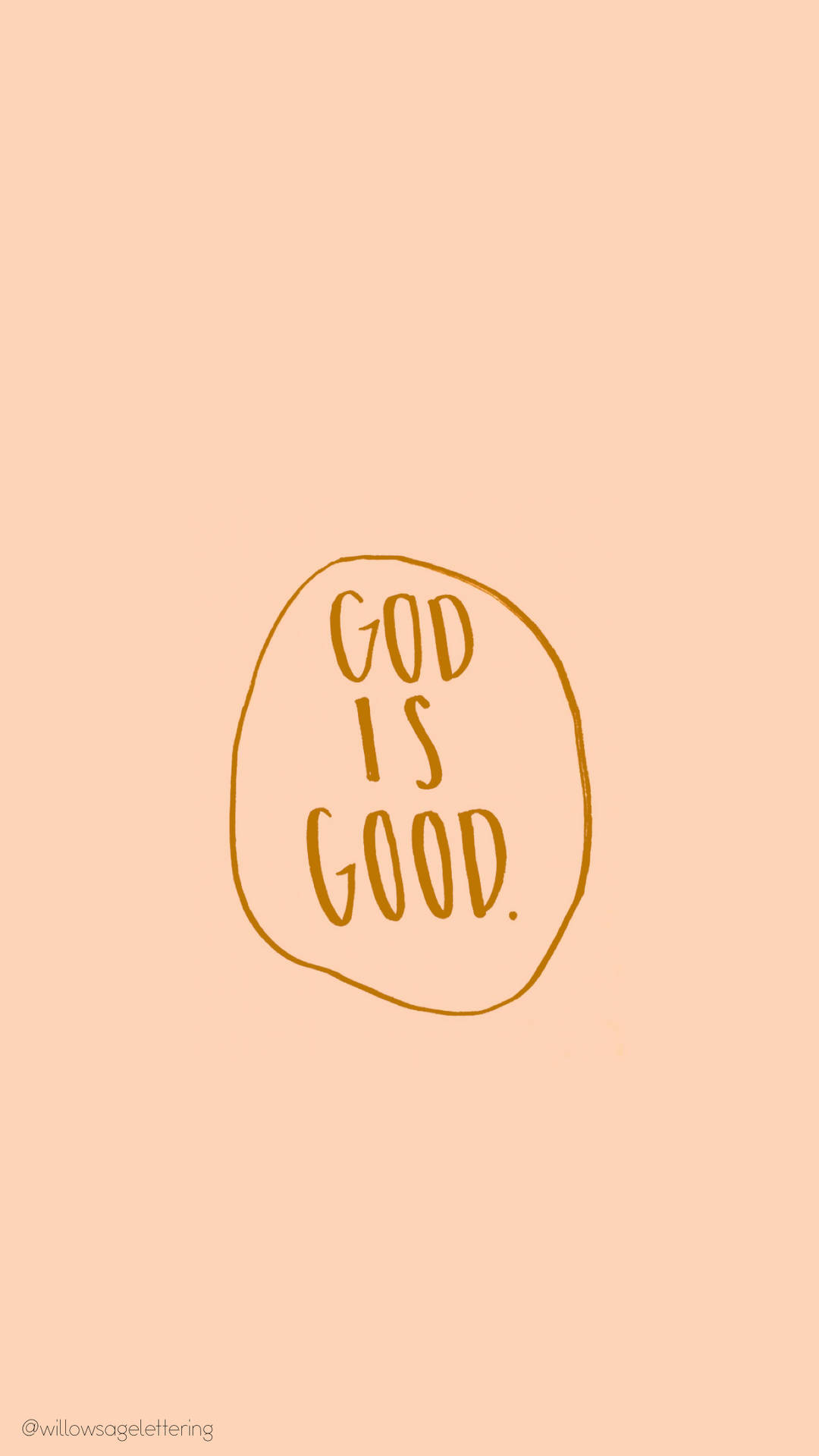 手寫片語 god is good 在圓圈內，蜜桃色背景。
