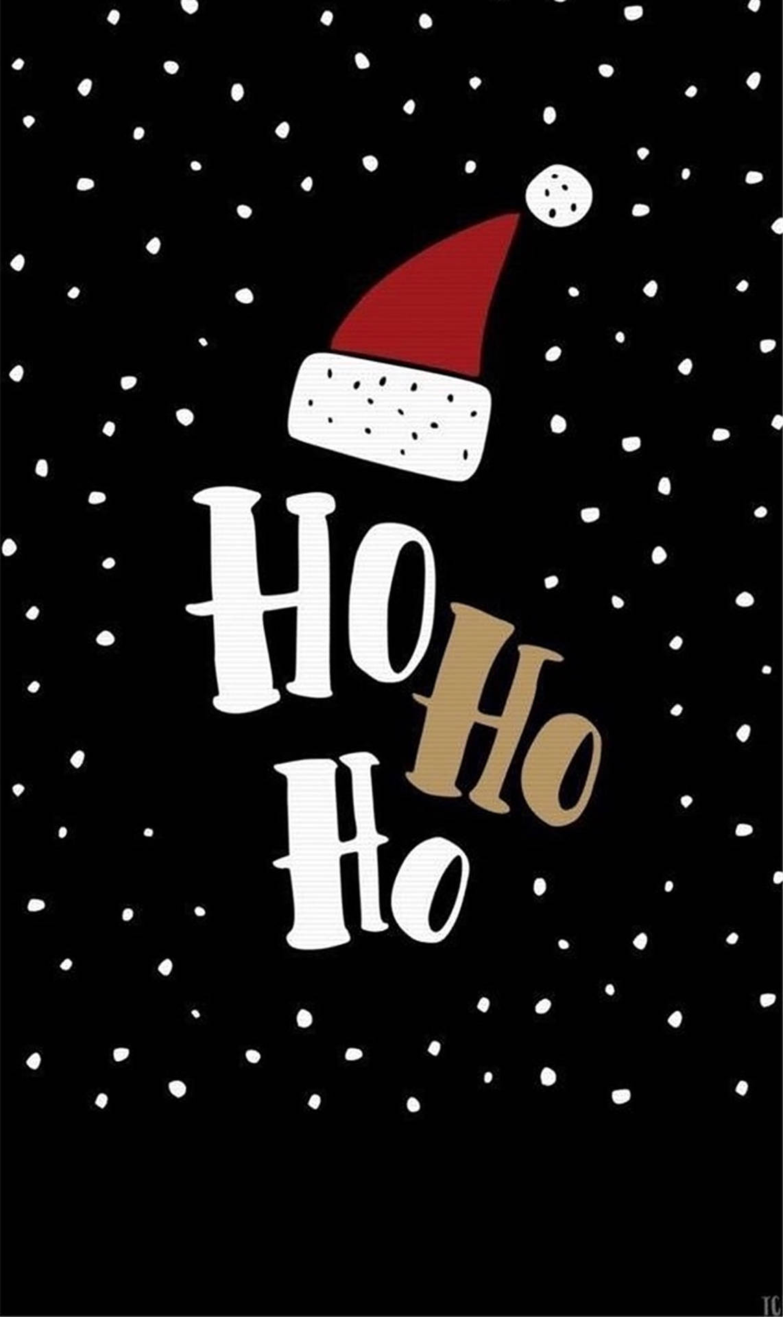 節日圖案，黑色背景上飄雪，有聖誕帽和Ho Ho Ho文字。