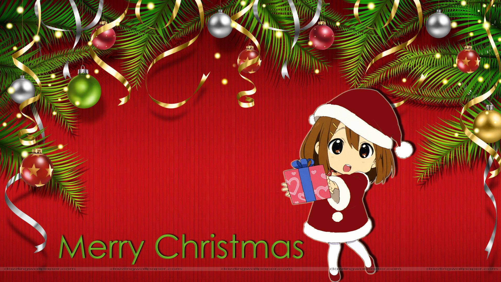 可愛聖誕女孩 壁紙 — 一個開心的動漫女孩穿著聖誕老人服裝，在紅色背景前拿著禮物，背景由松樹枝、裝飾品和絲帶框著。
