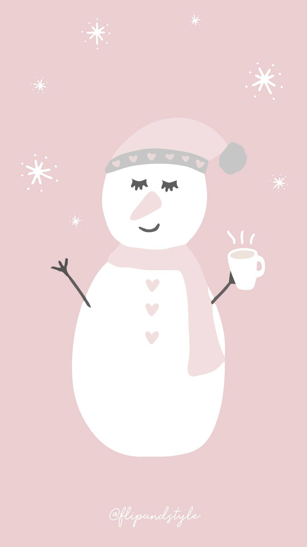 可愛聖誕睡雪人 壁紙 — 一個可愛的雪人閉著眼睛，戴著粉紅色帽子，在柔和的粉紅色背景上，白色雪花飄落，拿著一個冒著熱氣的杯子。