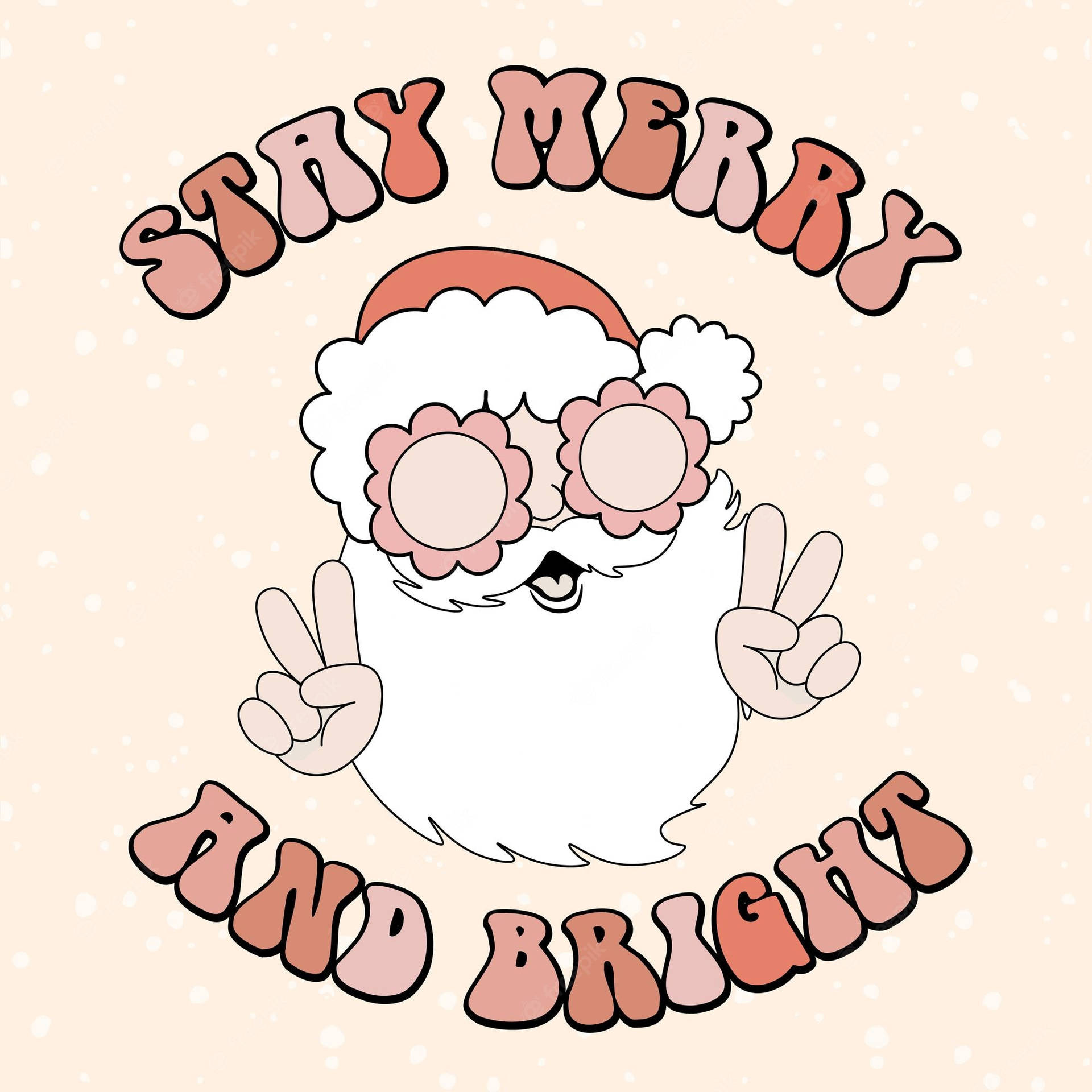 戴著花形太陽眼鏡和和平手勢的聖誕老人，附有「Stay Merry and Bright」文字。