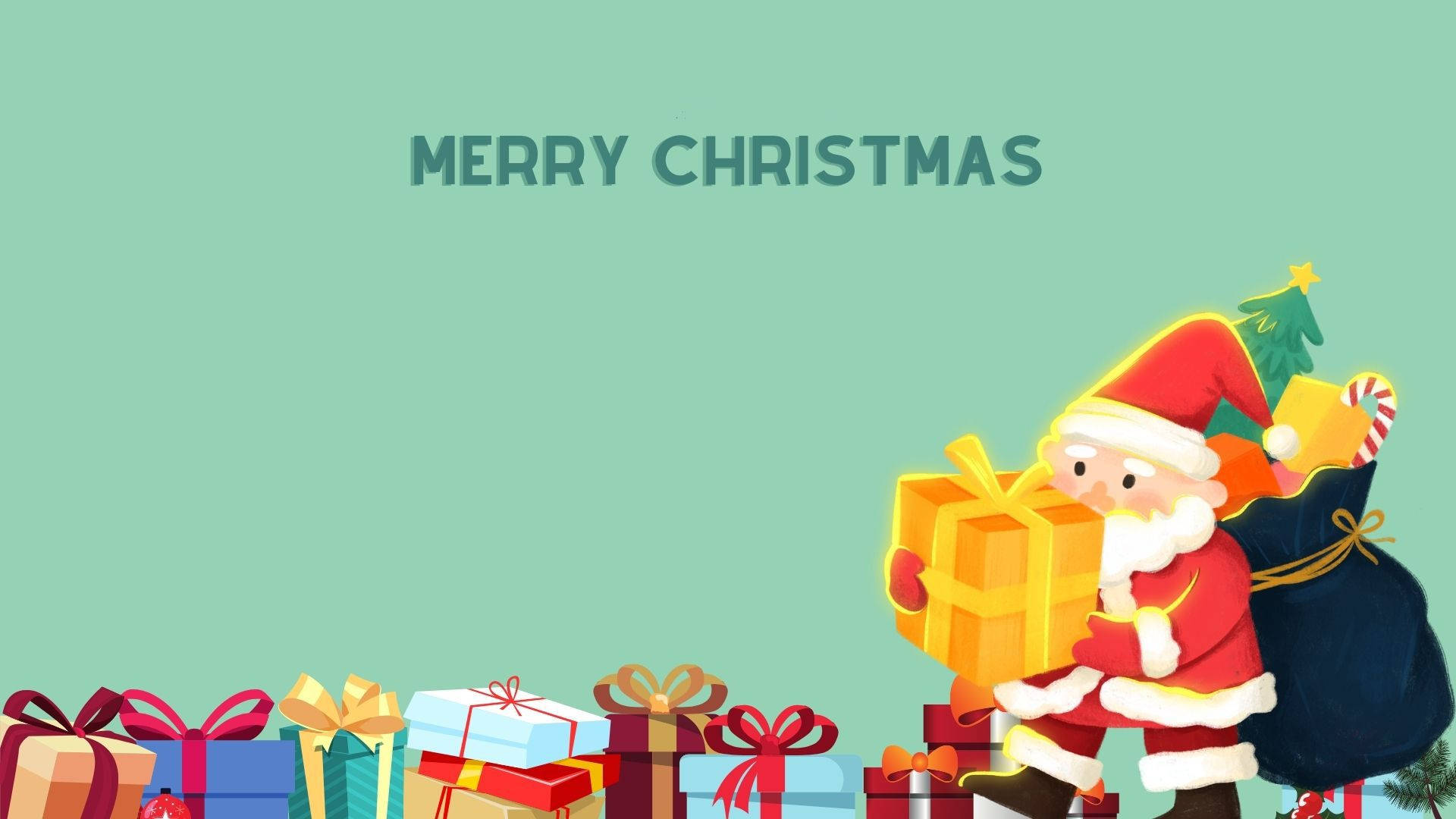 聖誕老人拎住一個大禮物盒同一個裝滿禮物嘅袋，上面有「MERRY CHRISTMAS」字樣。