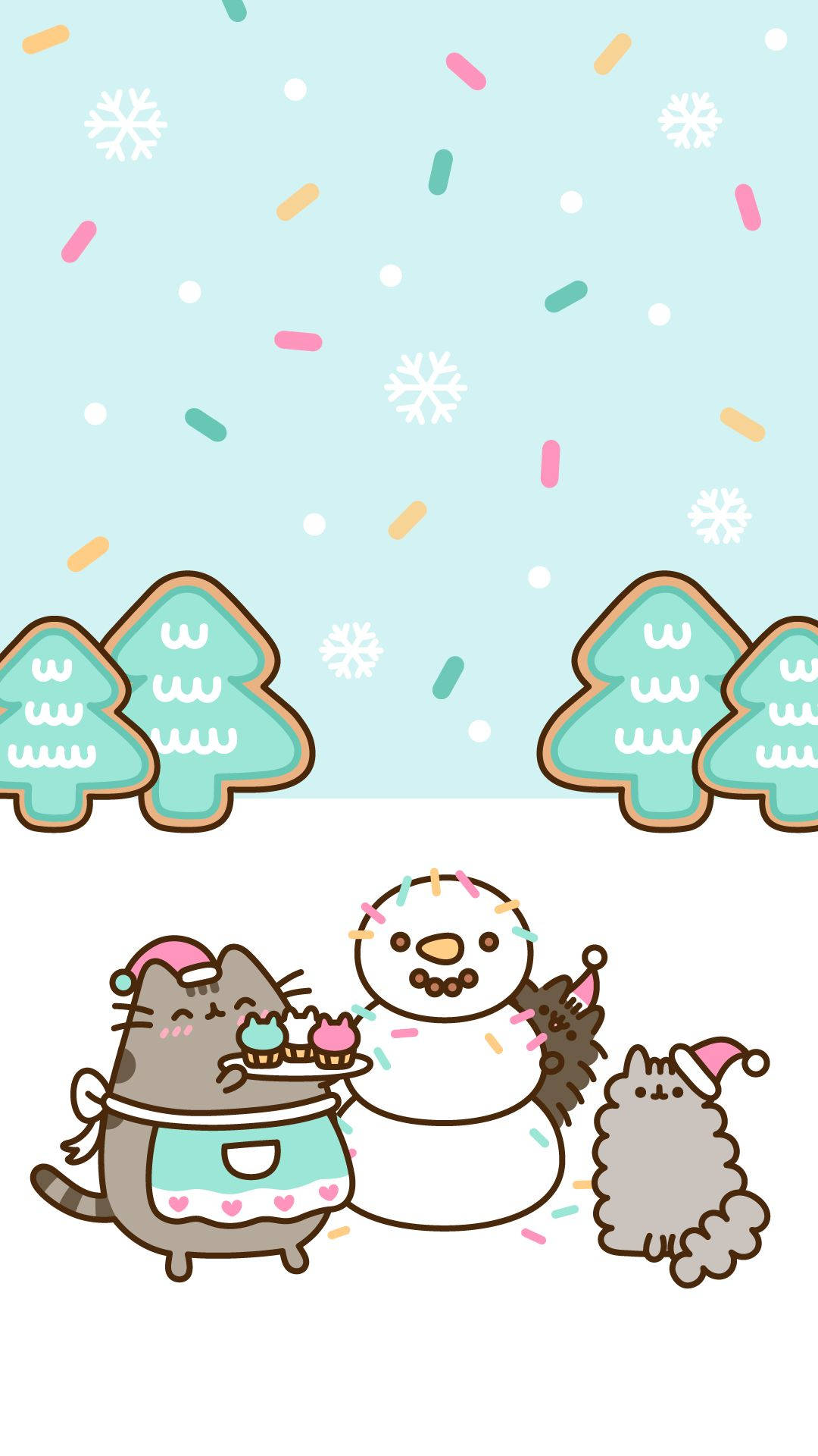 可愛聖誕貓咪 壁紙 — 兩隻節日普西貓與雪人一起在落下的糖粒和餅乾樹下慶祝。