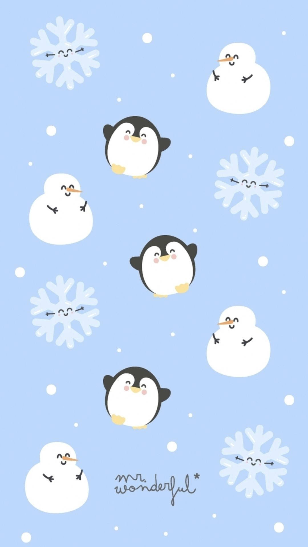 可愛聖誕雪人與企鵝 壁紙 — 可愛的卡通企鵝和雪人帶著笑臉在柔和的藍色背景上漂浮在雪花之間。
