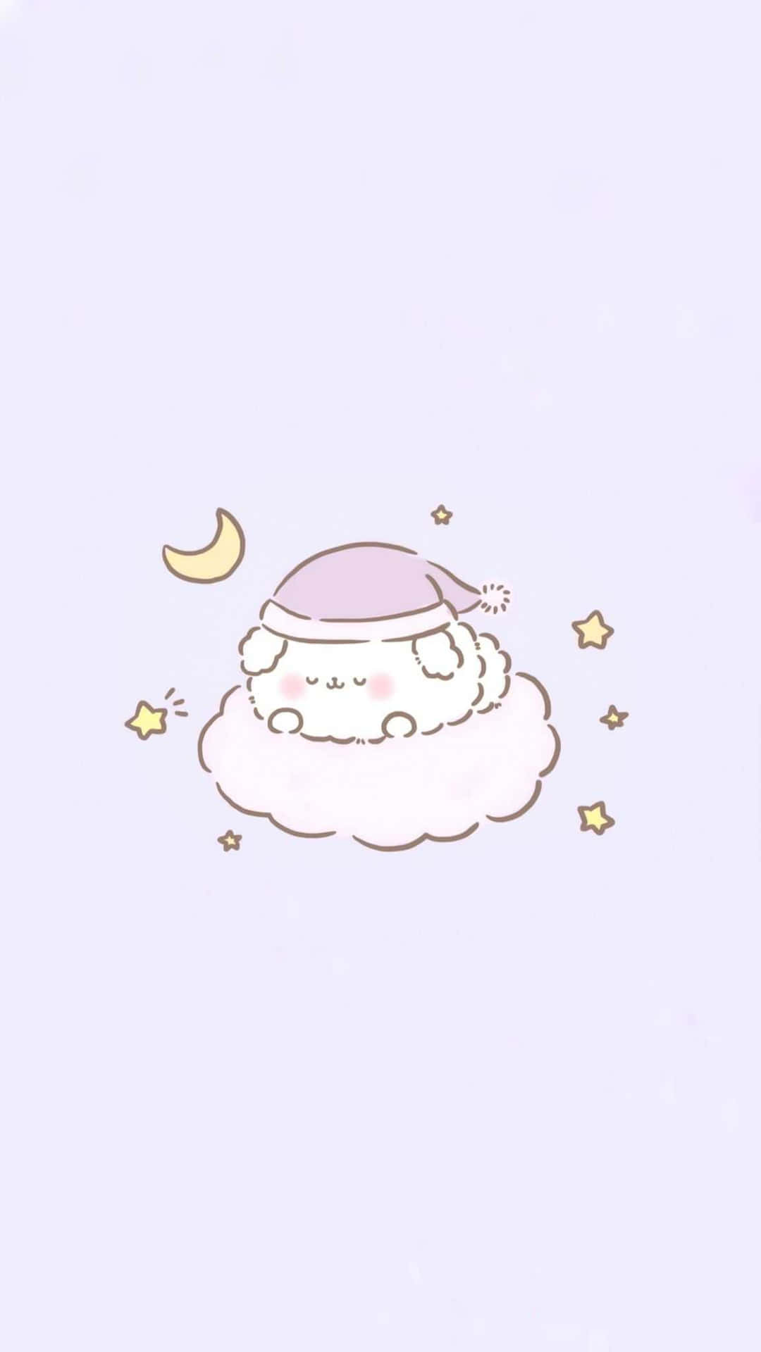可愛聖誕雲朵圖 壁紙 — 一隻可愛的毛茸茸羊戴著紫色睡帽，在星星和彎月環繞的雲朵上安詳地休息。