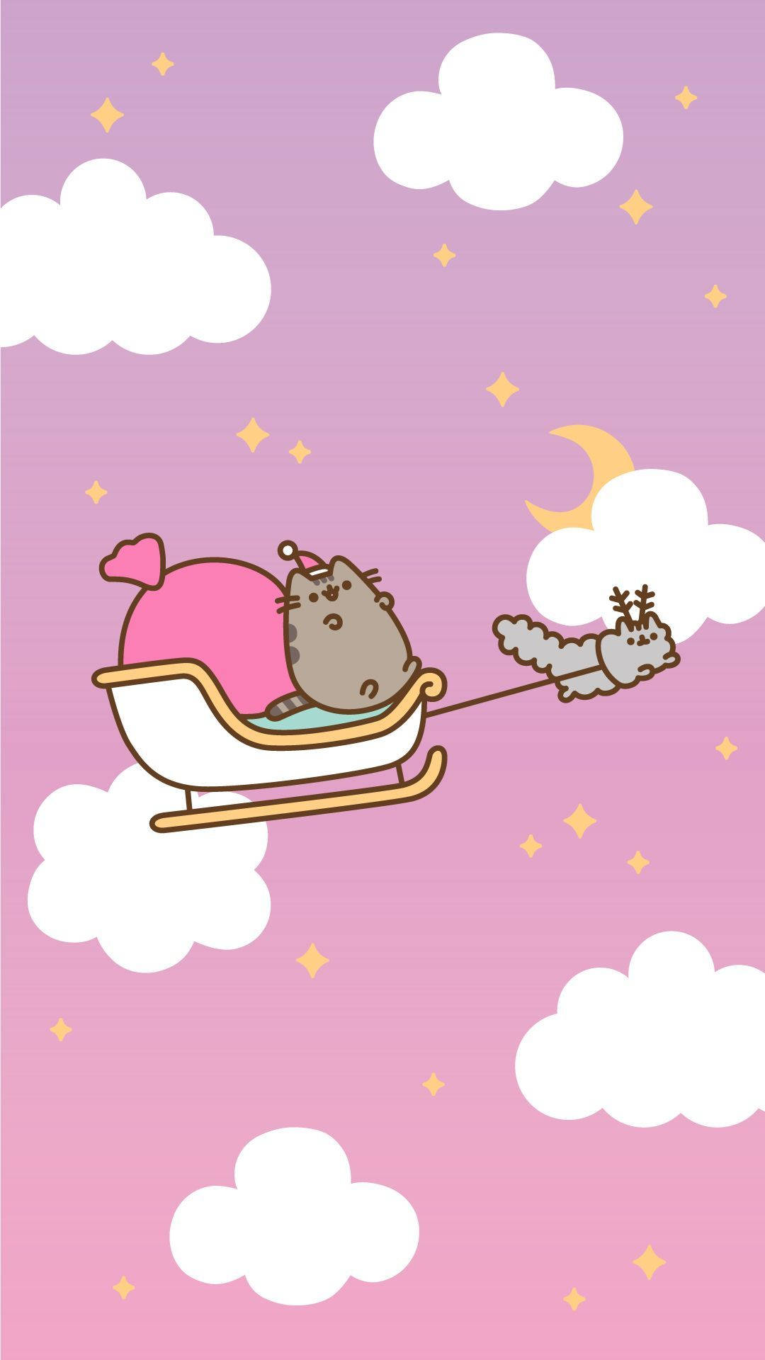 可愛聖誕飛天貓咪 壁紙 — Pusheen 貓咪乘坐由馴鹿拉著的雪橇，穿越粉紅色的天空，有雲朵和星星。
