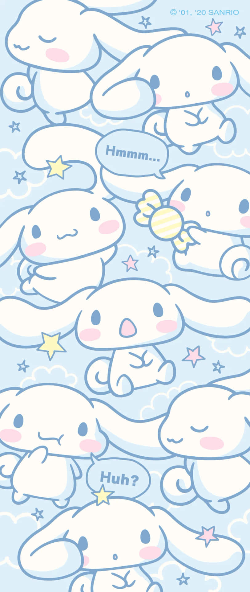 Cinnamoroll 角色在藍色背景上與星星和對話氣泡一起漂浮。