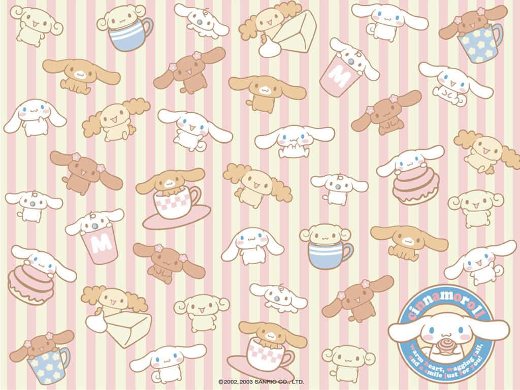 粉彩條紋牆紙中的 Cinnamoroll 角色，手持零食和杯子。