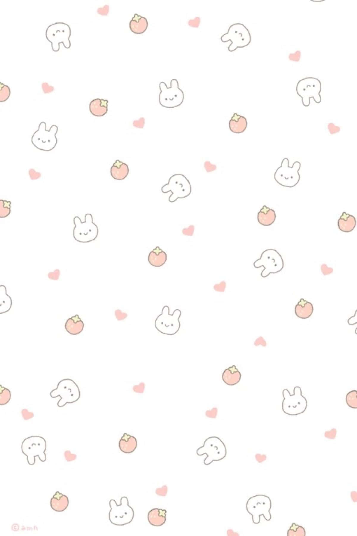 可愛背景：兔子與心形圖案 壁紙 — 柔和的白色背景上散落著可愛的極簡兔子臉、桃子片和粉紅心形，形成溫柔的重複圖案。