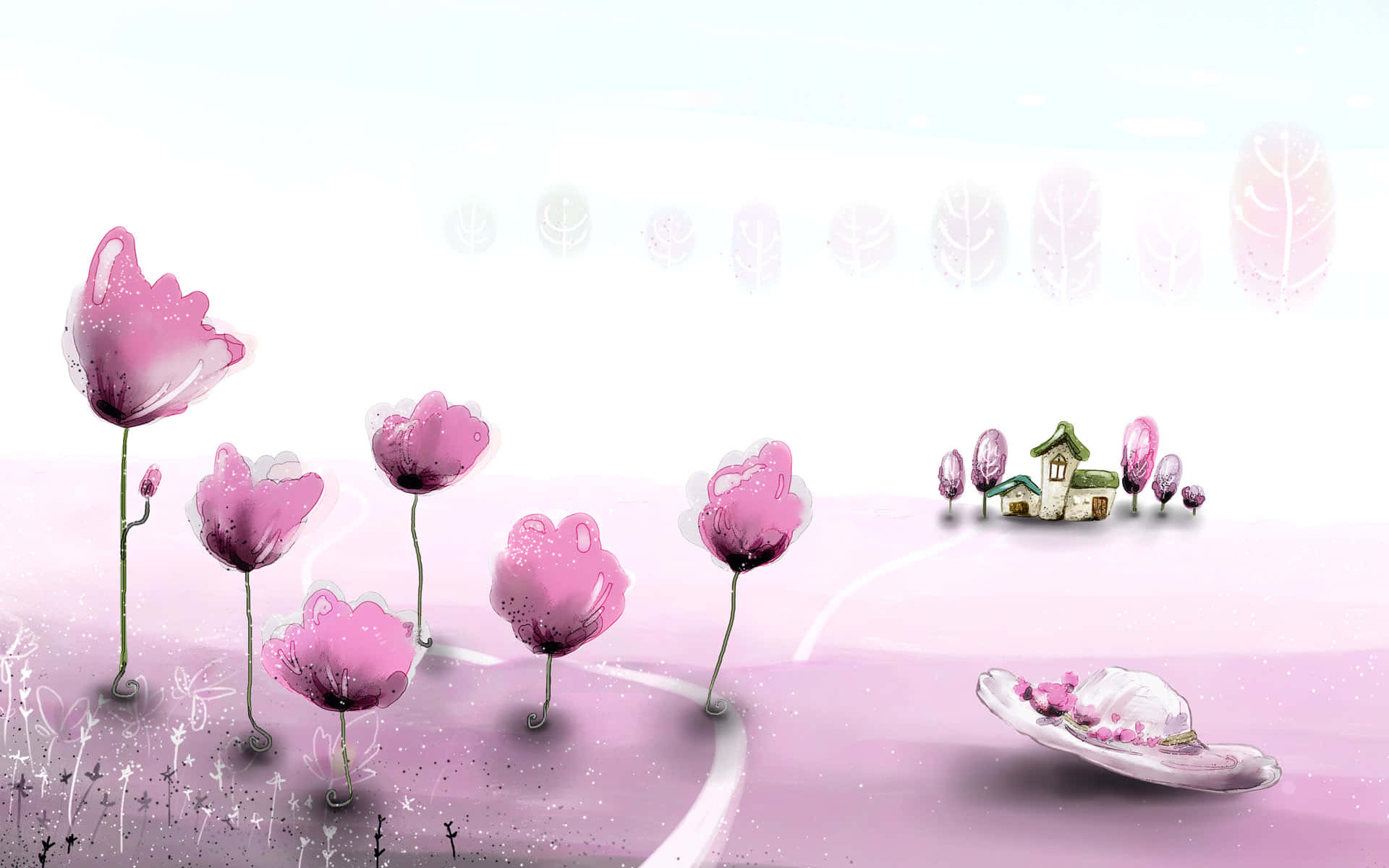 粉紅花朵與小房子在夢幻粉彩風景中，有一頂裝滿花瓣的帽子。