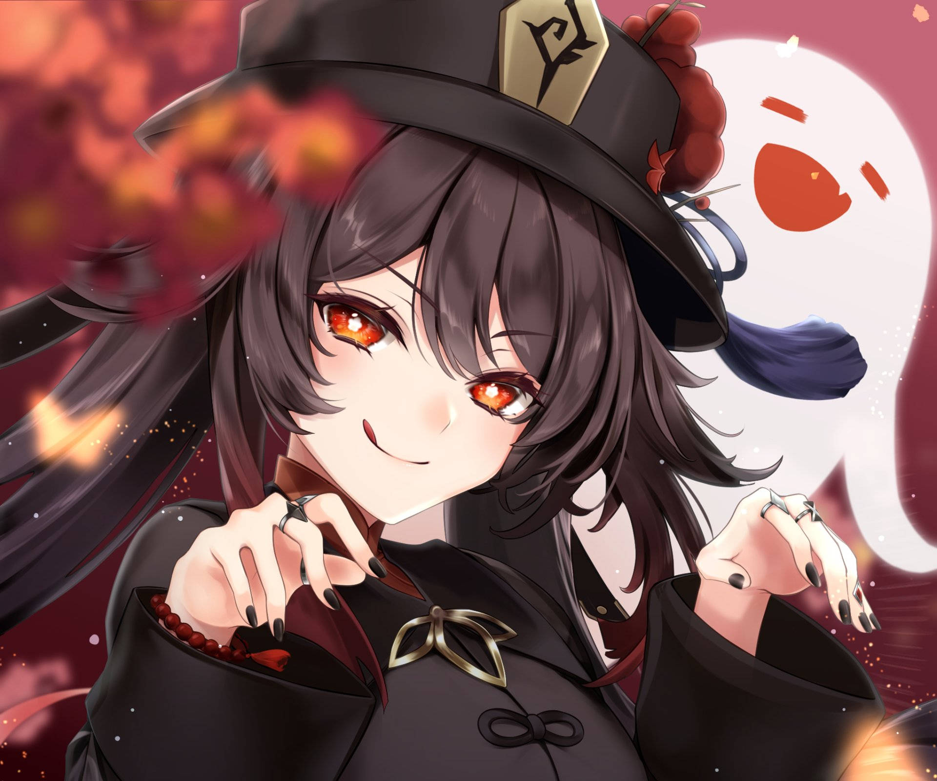 可愛胡桃與幽靈 壁紙 — 一個開心的動漫女孩，有著火紅的眼睛和深色頭髮，戴著黑色帽子和外套，背景是充滿活力的秋天景色，還有一個幽靈般的身影。