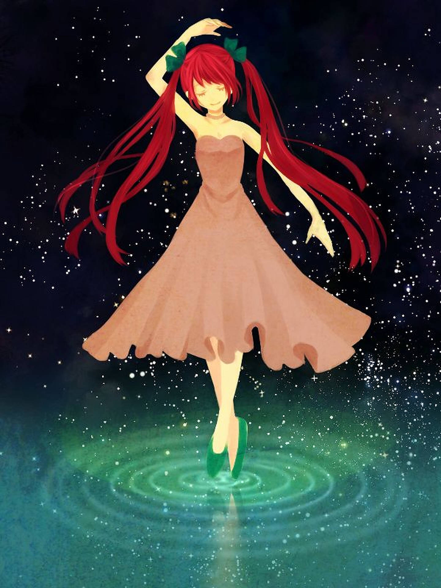 紅髮動漫女孩在星空下閃爍的水波上跳舞。