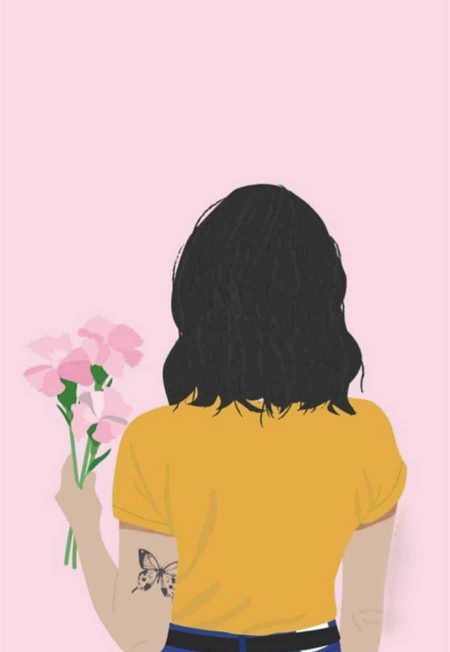 可愛花女孩繪畫圖 壁紙 — 一位深色頭髮、帶有蝴蝶紋身的人，在柔和的粉紅色背景前手持粉紅色花朵。