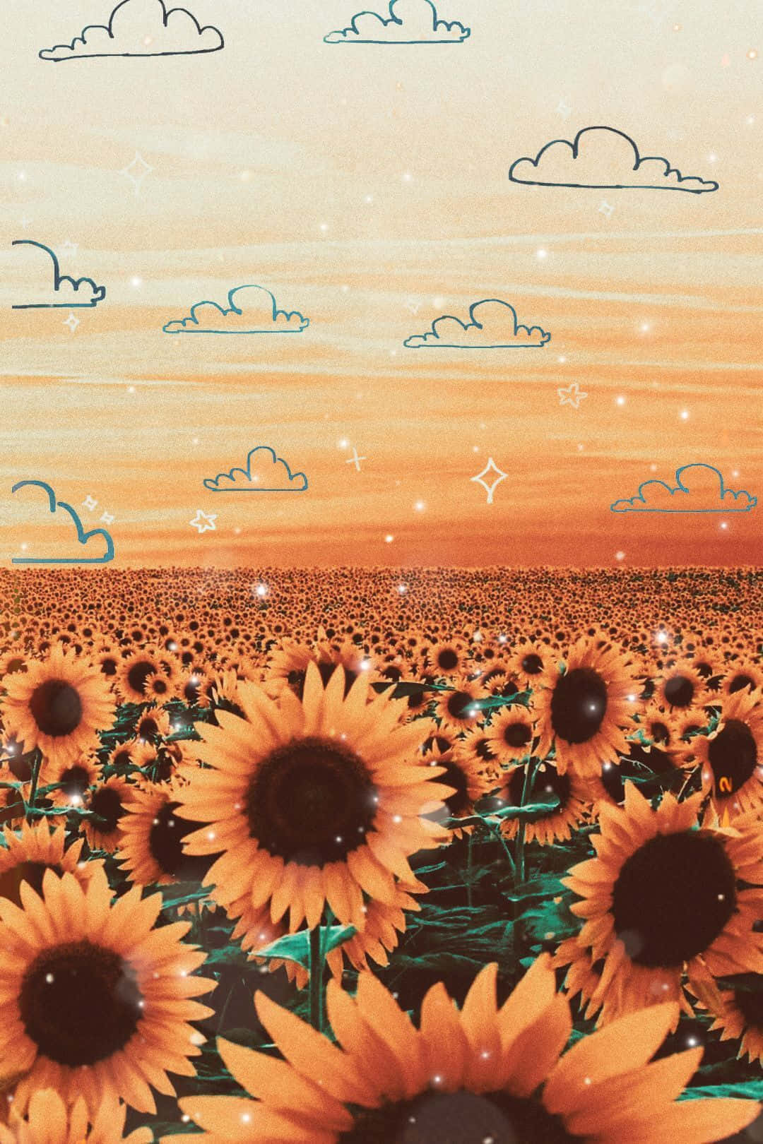 可愛花朵背景 壁紙 — 一片充滿活力的向日葵田在溫暖的橙色天空下延伸，天空點綴著簡單的輪廓雲朵和閃爍的星星。