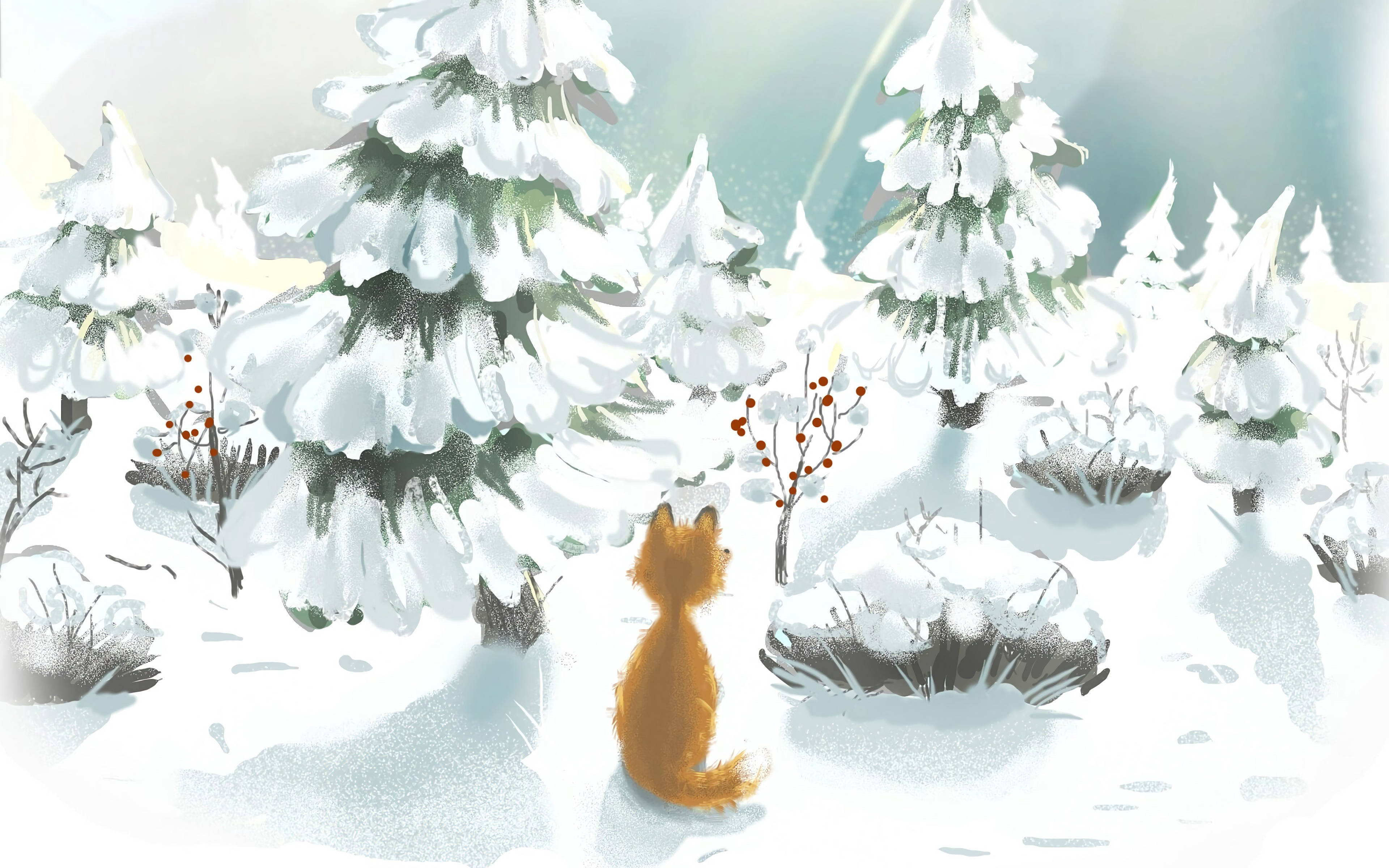 可愛萌狐插畫 壁紙 — 一隻小橙色狐狸站在雪地森林中，凝視著在柔和冬日天空下積雪的松樹。
