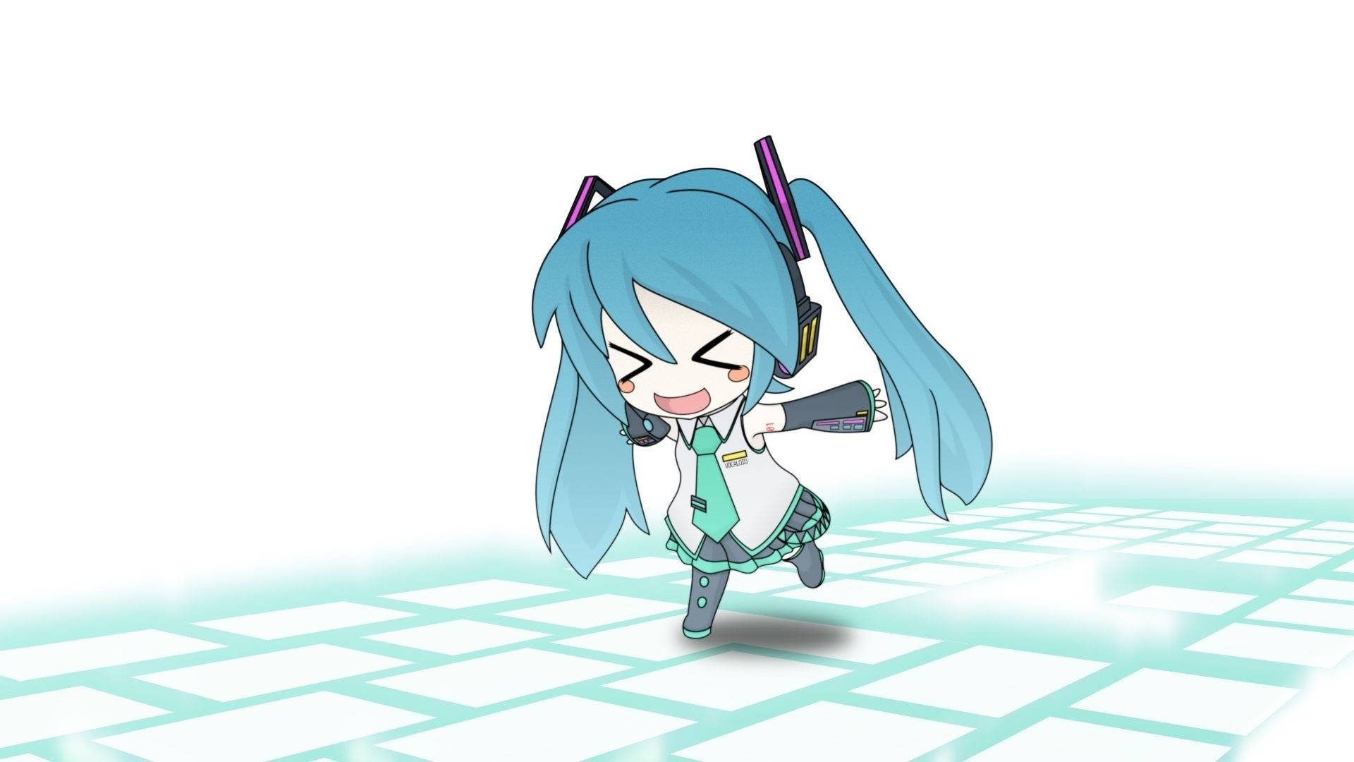Chibi 動漫角色初音未來在發光的網格地板上跳舞。