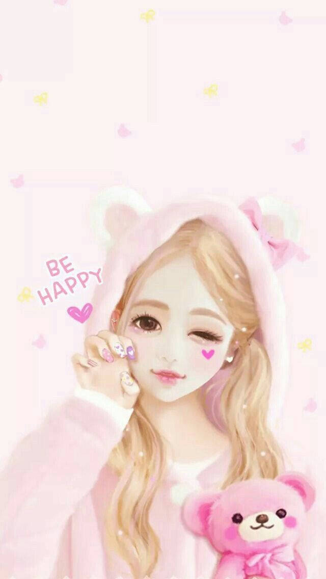 穿著粉紅色小熊連帽衫的動漫女孩，抱著泰迪熊，帶有「BE HAPPY」文字和漂浮的心形。