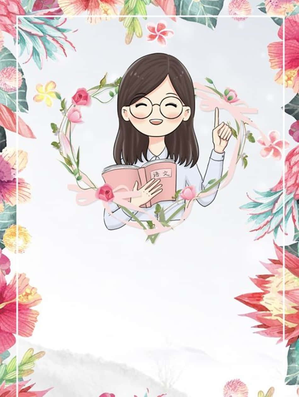 戴眼鏡的動畫女孩，被色彩繽紛的花朵包圍，正在閱讀中文教科書。